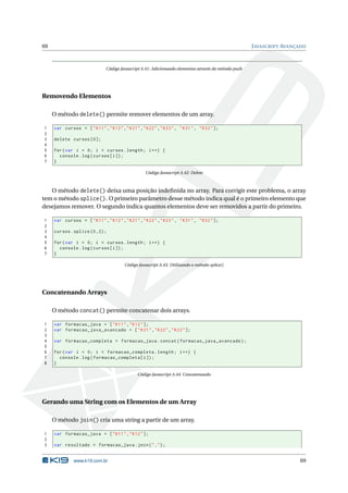 69                                                                                                   J AVASCRIPT AVANÇADO



                              Código Javascript A.41: Adicionando elementos através do método push




Removendo Elementos

     O método delete() permite remover elementos de um array.

1    var cursos = [ " K11 " ," K12 " ," K21 " ," K22 " ," K23 " , " K31 " , " K32 " ];
2
3    delete cursos [0];
4
5    for ( var i = 0; i < cursos . length ; i ++) {
6      console . log ( cursos [ i ]) ;
7    }

                                                  Código Javascript A.42: Delete



   O método delete() deixa uma posição indeﬁnida no array. Para corrigir este problema, o array
tem o método splice(). O primeiro parâmetro desse método indica qual é o primeiro elemento que
desejamos remover. O segundo indica quantos elementos deve ser removidos a partir do primeiro.

1    var cursos = [ " K11 " ," K12 " ," K21 " ," K22 " ," K23 " , " K31 " , " K32 " ];
2
3    cursos . splice (0 ,2) ;
4
5    for ( var i = 0; i < cursos . length ; i ++) {
6      console . log ( cursos [ i ]) ;
7    }

                                       Código Javascript A.43: Utilizando o método splice()




Concatenando Arrays

     O método concat() permite concatenar dois arrays.

1    var formacao_java = [ " K11 " ," K12 " ];
2    var formacao_java_avancado = [ " K21 " ," K22 " ," K23 " ];
3
4    var formacao_completa = formacao_java . concat ( formacao_java_avancado ) ;
5
6    for ( var i = 0; i < formacao_completa . length ; i ++) {
7      console . log ( formacao_completa [ i ]) ;
8    }

                                              Código Javascript A.44: Concatenando




Gerando uma String com os Elementos de um Array

     O método join() cria uma string a partir de um array.

1    var formacao_java = [ " K11 " ," K12 " ];
2
3    var resultado = formacao_java . join ( " ," ) ;


              www.k19.com.br                                                                                          69
 