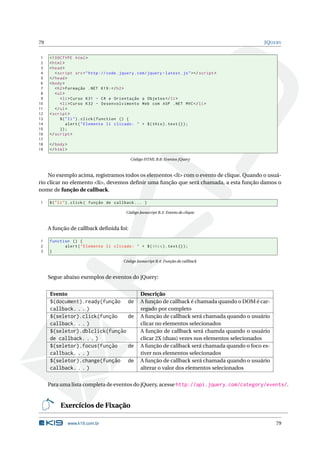 79                                                                                                  JQUERY


 1   <! DOCTYPE html >
 2   < html >
 3   < head >
 4      < script src = " http :// code . jquery . com / jquery - latest . js " > </ script >
 5   </ head >
 6   < body >
 7      < h2 > Formação . NET K19 : </ h2 >
 8      < ul >
 9         < li > Curso K31 - C # e Orientação a Objetos </ li >
10         < li > Curso K32 - Desenvolvimento Web com ASP . NET MVC </ li >
11      </ ul >
12   < script >
13         $ ( " li " ) . click ( function () {
14             alert ( " Elemento li clicado : " + $ ( this ) . text () ) ;
15         }) ;
16   </ script >
17
18   </ body >
19   </ html >

                                               Código HTML B.8: Eventos jQuery



    No exemplo acima, registramos todos os elementos <li> com o evento de clique. Quando o usuá-
rio clicar no elemento <li>, devemos deﬁnir uma função que será chamada, a esta função damos o
nome de função de callback.

1    $ ( " li " ) . click ( função de callback ... )

                                            Código Javascript B.3: Evento de clique



     A função de callback deﬁnida foi:

1    function () {
2          alert ( " Elemento li clicado : " + $ ( this ) . text () ) ;
3    }

                                           Código Javascript B.4: Função de callback



     Segue abaixo exemplos de eventos do jQuery:


     Evento                                         Descrição
     $(document).ready(função de                    A função de callback é chamada quando o DOM é car-
     callback. . . )                                regado por completo
     $(seletor).click(função    de                  A função de callback será chamada quando o usuário
     callback. . . )                                clicar no elementos selecionados
     $(seletor).dblclick(função                     A função de callback será chamda quando o usuário
     de callback. . . )                             clicar 2X (duas) vezes nos elementos selecionados
     $(seletor).focus(função    de                  A função de callback será chamada quando o foco es-
     callback. . . )                                tiver nos elementos selecionados
     $(seletor).change(função de                    A função de callback será chamada quando o usuário
     callback. . . )                                alterar o valor dos elementos selecionados


     Para uma lista completa de eventos do jQuery, acesse http://api.jquery.com/category/events/.


          Exercícios de Fixação

                 www.k19.com.br                                                                           79
 