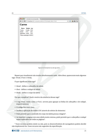 21                                                                                       HTML




                                       Figura 2.6: Exemplo de uso da tag table




    Repare que visualmente não mudou absolutamente nada. Além disso, apareceram mais algumas
tags: thead, tfoot e tbody.

     O que signiﬁcam essas tags?

     • thead - deﬁne o cabeçalho da tabela
     • tfoot - deﬁne o rodapé da tabela
     • tbody - deﬁne o corpo da tabela

     Por que complicar? Qual o motivo da existência dessas tags?

     • A tag thead, assim como a tfoot, servem para agrupar as linhas de cabeçalho e de rodapé,
       respectivamente.
     • O código ﬁca mais claro.
     • Facilita a aplicação de estilos CSS (através do seletor de elemento)
     • Pode permitir que o conteúdo do corpo da tabela possua rolagem*.
     • Ao imprimir a página com uma tabela muito extensa, pode permitir que o cabeçalho e rodapé
       sejam replicados em todas as páginas*.

   * Esses recursos podem existir ou não, pois os desenvolvedores de navegadores podem decidir
não implementá-los. Esses recursos são sugestões da especiﬁcação.

             www.facebook.com/k19treinamentos                                                21
 