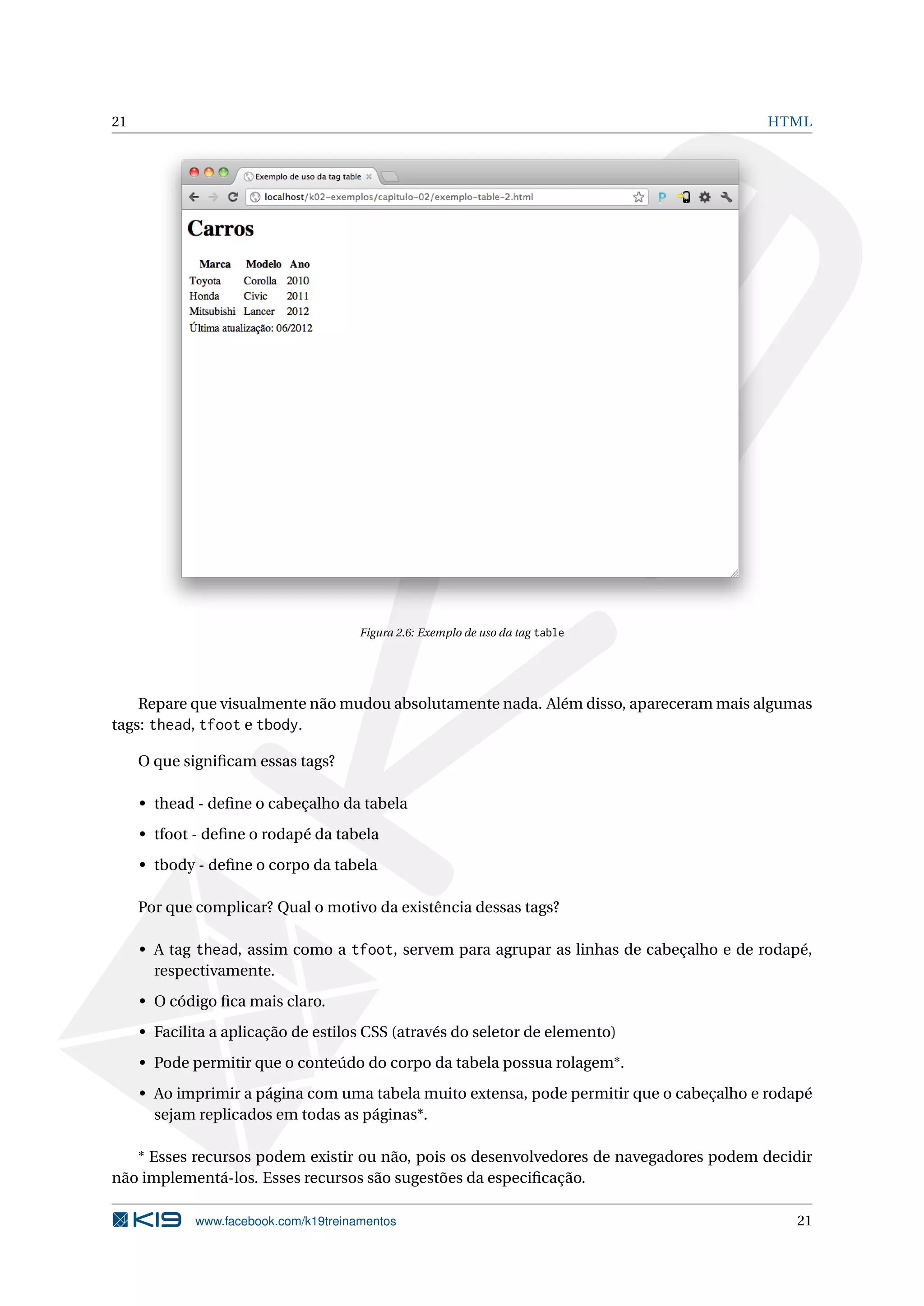 21 HTML
Figura 2.6: Exemplo de uso da tag table
Repare que visualmente não mudou absolutamente nada. Além disso, apareceram mais algumas
tags: thead, tfoot e tbody.
O que signiﬁcam essas tags?
• thead - deﬁne o cabeçalho da tabela
• tfoot - deﬁne o rodapé da tabela
• tbody - deﬁne o corpo da tabela
Por que complicar? Qual o motivo da existência dessas tags?
• A tag thead, assim como a tfoot, servem para agrupar as linhas de cabeçalho e de rodapé,
respectivamente.
• O código ﬁca mais claro.
• Facilita a aplicação de estilos CSS (através do seletor de elemento)
• Pode permitir que o conteúdo do corpo da tabela possua rolagem*.
• Ao imprimir a página com uma tabela muito extensa, pode permitir que o cabeçalho e rodapé
sejam replicados em todas as páginas*.
* Esses recursos podem existir ou não, pois os desenvolvedores de navegadores podem decidir
não implementá-los. Esses recursos são sugestões da especiﬁcação.
www.facebook.com/k19treinamentos 21
 