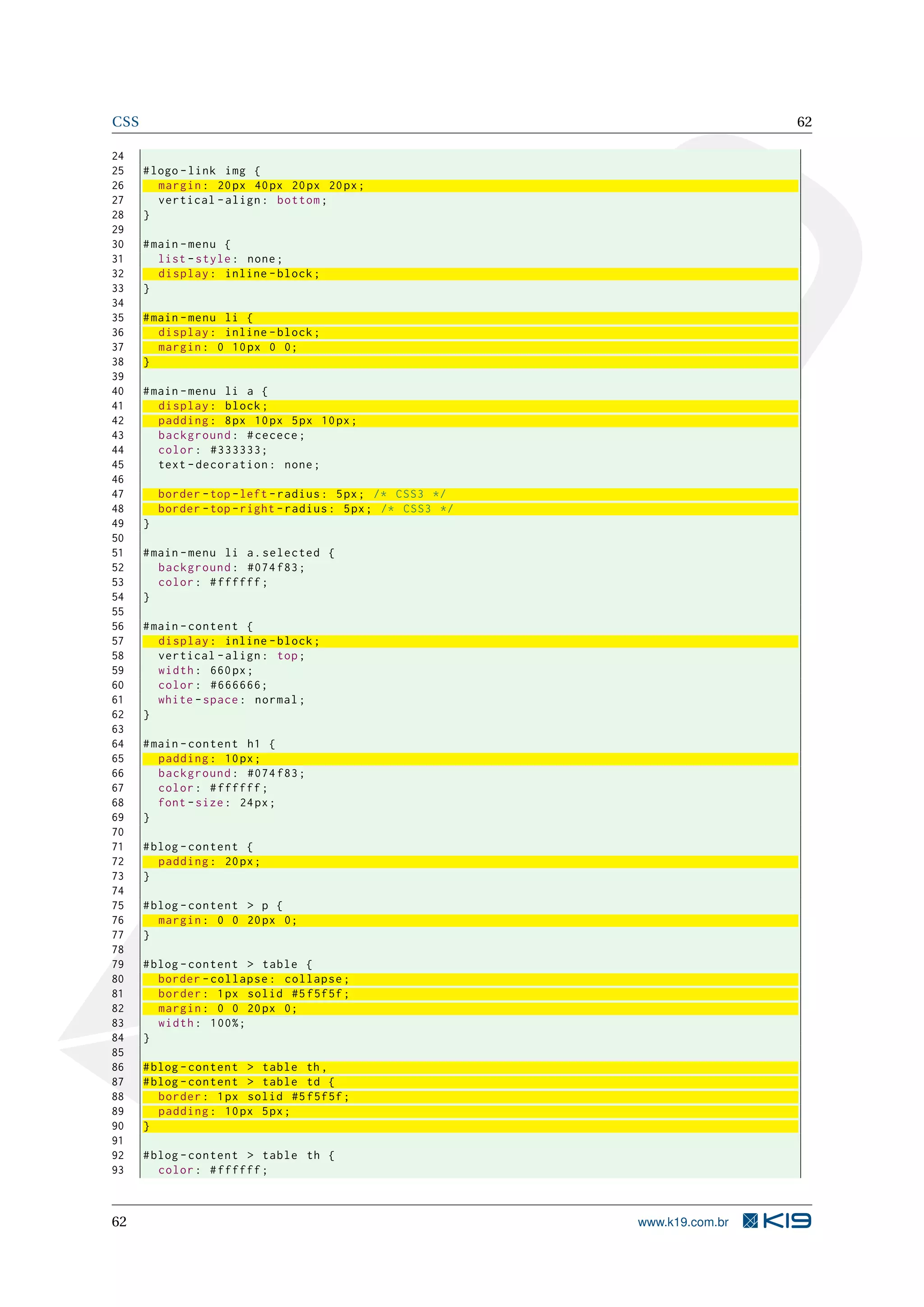 CSS 62
24
25 #logo -link img {
26 margin: 20px 40px 20px 20px;
27 vertical -align: bottom;
28 }
29
30 #main -menu {
31 list -style: none;
32 display: inline -block;
33 }
34
35 #main -menu li {
36 display: inline -block;
37 margin: 0 10px 0 0;
38 }
39
40 #main -menu li a {
41 display: block;
42 padding: 8px 10px 5px 10px;
43 background: #cecece;
44 color: #333333;
45 text -decoration: none;
46
47 border -top -left -radius: 5px; /* CSS3 */
48 border -top -right -radius: 5px; /* CSS3 */
49 }
50
51 #main -menu li a.selected {
52 background: #074 f83;
53 color: #ffffff;
54 }
55
56 #main -content {
57 display: inline -block;
58 vertical -align: top;
59 width: 660px;
60 color: #666666;
61 white -space: normal;
62 }
63
64 #main -content h1 {
65 padding: 10px;
66 background: #074 f83;
67 color: #ffffff;
68 font -size: 24px;
69 }
70
71 #blog -content {
72 padding: 20px;
73 }
74
75 #blog -content > p {
76 margin: 0 0 20px 0;
77 }
78
79 #blog -content > table {
80 border -collapse: collapse;
81 border: 1px solid #5f5f5f;
82 margin: 0 0 20px 0;
83 width: 100%;
84 }
85
86 #blog -content > table th,
87 #blog -content > table td {
88 border: 1px solid #5f5f5f;
89 padding: 10px 5px;
90 }
91
92 #blog -content > table th {
93 color: #ffffff;
62 www.k19.com.br
 