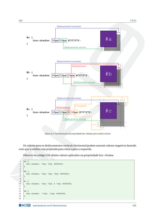 131 CSS3
#a
Deslocamento horizontal
Deslocamento vertical
#b#b {
box-shadow: 10px 10px 10px #7f7f7f;
}
Deslocamento horizontal
Deslocamento vertical
#a {
box-shadow: 10px 10px #7f7f7f;
}
Desfocamento
#c#c {
box-shadow: 10px 10px 0 10px #7f7f7f;
}
Deslocamento horizontal
Deslocamento vertical
Desfocamento
Propagação
Figura D.2: Funcionamento da propriedade box-shadow para sombra externa
Os valores para os deslocamentos vertical e horizontal podem assumir valores negativos fazendo
com que a sombra seja projetada para cima e para a esquerda.
Observe no código CSS abaixo valores aplicados na propriedade box-shadow.
1 #a {
2 box -shadow: 10px 10px #000000;
3 }
4
5 #b {
6 box -shadow: 10px 10px 10px #000000;
7 }
8
9 #c {
10 box -shadow: 10px 10px 0 10px #000000;
11 }
12
13 #d {
14 box -shadow: -10px -10px #000000;
15 }
16
www.facebook.com/k19treinamentos 131
 