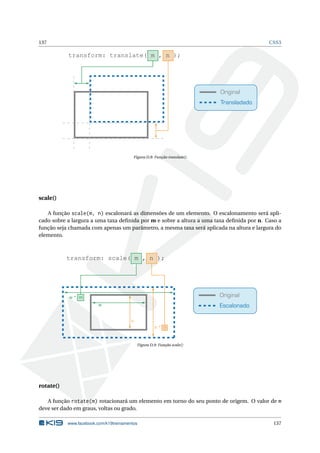 137 CSS3
Original
Transladado
transform: translate( m , n );
Figura D.8: Função translate()
scale()
A função scale(m, n) escalonará as dimensões de um elemento. O escalonamento será apli-
cado sobre a largura a uma taxa deﬁnida por m e sobre a altura a uma taxa deﬁnida por n. Caso a
função seja chamada com apenas um parâmetro, a mesma taxa será aplicada na altura e largura do
elemento.
Original
Escalonado
transform: scale( m , n );
w
h
h * n
w * m
Figura D.9: Função scale()
rotate()
A função rotate(m) rotacionará um elemento em torno do seu ponto de origem. O valor de m
deve ser dado em graus, voltas ou grado.
www.facebook.com/k19treinamentos 137
 