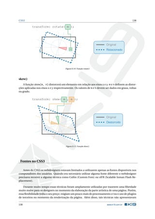 CSS3 138
Original
Rotacionado
transform: rotate( m );
m
Figura D.10: Função rotate()
skew()
A função skew(m, n) distorcerá um elemento em relação aos eixos x e y. m e n deﬁnem as distor-
ções aplicadas nos eixos x e y respectivamente. Os valores de m e n devem ser dados em graus, voltas
ou grado.
Original
Destorcido
transform: skew( m , n );
Figura D.11: Função skew()
Fontes no CSS3
Antes do CSS3 os webdesigners estavam limitados a utilizarem apenas as fontes disponíveis nos
computadores dos usuários. Quando era necessário utilizar alguma fonte diferente o webdesigner
precisava recorrer a alguma técnica como Cufón (Custom Font) ou sIFR (Scalable Inman Flash Re-
placement).
Durante muito tempo essas técnicas foram amplamente utilizadas por trazerem uma liberdade
muito maior para os designers no momento da elaboração da parte artística de uma página. Porém,
essa ﬂexibilidade tinha o seu preço: exigiam um pouco mais de processamento e/ou o uso de plugins
de terceiros no momento da renderização da página. Além disso, tais técnicas não apresentavam
138 www.k19.com.br
 