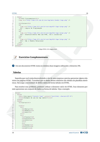 HTML 18
6 <body>
7 <h1>K19 Treinamentos </h1>
8 <img src="http ://www.k19.com.br/css/img/main -header -logo.png" />
9
10 <h2>Cursos </h2>
11 <p>
12 <img src="http ://www.k19.com.br/css/img/k01 -logo -large.png" />
13 K01 - Lógica de Programação
14 </p>
15 <p>
16 <img src="http ://www.k19.com.br/css/img/k02 -logo -large.png" />
17 K02 - Desenvolvimento Web com HTML , CSS e JavaScript
18 </p>
19 <p>
20 <img src="http ://www.k19.com.br/css/img/k03 -logo -large.png" />
21 K03 - SQL e Modelo Relacional
22 </p>
23 </body>
24 </html>
Código HTML 2.30: imagem.html
Exercícios Complementares
9 Em um documento HTML insira no mínimo duas imagens utilizando o elemento IMG.
Tabelas
Suponha que você esteja desenvolvendo o site de uma empresa e precisa apresentar alguns rela-
tórios em páginas HTML. Considere que os dados desses relatórios são obtidos de planilhas eletrô-
nicas. Daí surge a necessidade de deﬁnir dados de forma tabular em HTML.
Para resolver esse problema, podemos utilizar o elemento table do HTML. Esse elemento per-
mite apresentar um conjunto de dados na forma de tabelas. Veja o exemplo:
1 <html>
2 <head>
3 <meta http -equiv="Content -Type" content="text/html; charset=UTF -8">
4 <title>Exemplo de uso da tag table</title>
5 </head>
6 <body>
7 <h1>Carros </h1>
8
9 <table>
10 <tr>
11 <th>Marca</th>
12 <th>Modelo </th>
13 <th>Ano</th>
14 </tr>
15 <tr>
16 <td>Toyota </td>
17 <td>Corolla </td>
18 <td>2010</td>
19 </tr>
20 <tr>
21 <td>Honda</td>
22 <td>Civic</td>
23 <td>2011</td>
18 www.k19.com.br
 