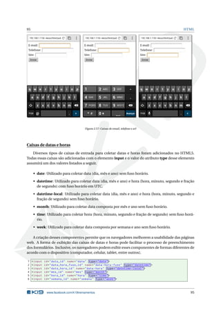 95 HTML
Figura 2.57: Caixas de email, telefone e url
Caixas de datas e horas
Diversos tipos de caixas de entrada para coletar datas e horas foram adicionados no HTML5.
Todas essas caixas são adicionadas com o elemento input e o valor do atributo type desse elemento
assumirá um dos valores listados a seguir.
• date: Utilizado para coletar data (dia, mês e ano) sem fuso horário.
• datetime: Utilizado para coletar data (dia, mês e ano) e hora (hora, minuto, segundo e fração
de segundo) com fuso horário em UTC.
• datetime-local: Utilizado para coletar data (dia, mês e ano) e hora (hora, minuto, segundo e
fração de segundo) sem fuso horário.
• month: Utilizado para coletar data composta por mês e ano sem fuso horário.
• time: Utilizado para coletar hora (hora, minuto, segundo e fração de segundo) sem fuso horá-
rio.
• week: Utilizado para coletar data composta por semana e ano sem fuso horário.
A criação desses componentes permite que os navegadores melhorem a usabilidade das páginas
web. A forma de exibição das caixas de datas e horas pode facilitar o processo de preenchimento
dos formulários. Inclusive, os navegadores podem exibir esses componentes de formas diferentes de
acordo com o dispositivo (computador, celular, tablet, entre outros).
1 <input id="data_id" name="data" type="date">
2 <input id="data_hora_fuso_id" name="data -hora -fuso" type="datetime">
3 <input id="data_hora_id" name="data -hora" type="datetime -local">
4 <input id="mes_id" name="mes" type="month">
5 <input id="hora_id" name="hora" type="time">
6 <input id="semana_id" name="semana" type="week">
www.facebook.com/k19treinamentos 95
 