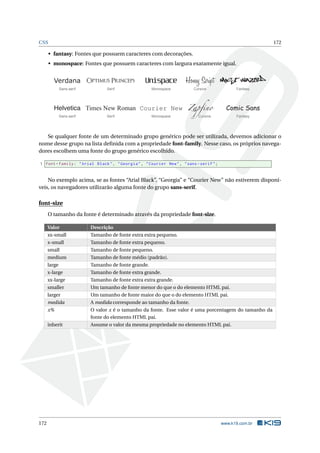 CSS 172
• fantasy: Fontes que possuem caracteres com decorações.
• monospace: Fontes que possuem caracteres com largura exatamente igual.
Helvetica Times New Roman Courier New Zapfino Comic Sans
Sans-serif Serif Monospace Cursive Fantasy
Verdana Optimus Princeps Unispace Honey Script Most Wazted
Sans-serif Serif Monospace Cursive Fantasy
Se qualquer fonte de um determinado grupo genérico pode ser utilizada, devemos adicionar o
nome desse grupo na lista deﬁnida com a propriedade font-family. Nesse caso, os próprios navega-
dores escolhem uma fonte do grupo genérico escolhido.
1 font -family: "Arial Black", "Georgia", "Courier New", "sans -serif";
No exemplo acima, se as fontes “Arial Black”, “Georgia” e “Courier New” não estiverem disponí-
veis, os navegadores utilizarão alguma fonte do grupo sans-serif.
font-size
O tamanho da fonte é determinado através da propriedade font-size.
Valor Descrição
xx-small Tamanho de fonte extra extra pequeno.
x-small Tamanho de fonte extra pequeno.
small Tamanho de fonte pequeno.
medium Tamanho de fonte médio (padrão).
large Tamanho de fonte grande.
x-large Tamanho de fonte extra grande.
xx-large Tamanho de fonte extra extra grande.
smaller Um tamanho de fonte menor do que o do elemento HTML pai.
larger Um tamanho de fonte maior do que o do elemento HTML pai.
medida A medida corresponde ao tamanho da fonte.
x% O valor x é o tamanho da fonte. Esse valor é uma porcentagem do tamanho da
fonte do elemento HTML pai.
inherit Assume o valor da mesma propriedade no elemento HTML pai.
172 www.k19.com.br
 