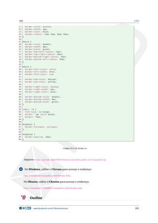 185 CSS
21 border -style: dashed;
22 border -width: 4px;
23 border -color: blue;
24 border -radius: 10px 20px 30px 40px;
25 }
26
27 #div4 {
28 border -style: double;
29 border -width: 8px;
30 border -color: green;
31 border -top -left -radius: 10px;
32 border -top -right -radius: 20px;
33 border -bottom -right -radius: 30px;
34 border -bottom -left -radius: 40px;
35 }
36
37 #div5 {
38 border -left -style: solid;
39 border -left -width: thin;
40 border -left -color: red;
41
42 border -top -style: dotted;
43 border -top -color: yellow;
44
45 border -right -style: dashed;
46 border -right -width: 4px;
47 border -right -color: blue;
48
49 border -bottom -style: double;
50 border -bottom -width: 8px;
51 border -bottom -color: green;
52 }
53
54 table , td {
55 font -size: xx-large;
56 border: 1px solid black;
57 margin: 10px;
58 }
59
60 #tabela1 {
61 border -collapse: collapse;
62 }
63
64 #tabela2 {
65 border -spacing: 20px;
66 }
Código CSS 3.24: bordas.css
Arquivo: https://github.com/K19/K19-Exercicios/archive/k02-css-fixacao19.zip
20 No Windows, utilize o Chrome para acessar o endereço:
http://localhost/css/public_html/bordas.html.
No Ubuntu, utilize o Chrome para acessar o endereço:
http://localhost/~<USUARIO>/css/public_html/bordas.html.
Outline
www.facebook.com/k19treinamentos 185
 