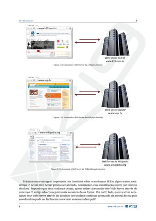 INTRODUÇÃO 8
Figura 1.12: Acessando o Web Server da K19 pelo domínio
Figura 1.13: Acessando o Web Server da USP pelo domínio
Figura 1.14: Acessando o Web Server da Wikipédia pelo domínio
Há uma outra vantagem importante dos domínios sobre os endereços IP. Em alguns casos, o en-
dereço IP de um Web Server precisa ser alterado. Geralmente, essa modiﬁcação ocorre por motivos
técnicos. Supondo que essa mudança ocorra, quem estiver acessando esse Web Server através do
endereço IP antigo não conseguirá mais acessá-lo dessa forma. Por outro lado, quem estiver aces-
sando esse Web Server através do domínio dele poderá continuar acessando da mesma forma pois
esse domínio pode ser facilmente associado ao novo endereço IP.
8 www.k19.com.br
 