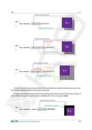 189 CSS
#a
Deslocamento horizontal
Deslocamento vertical
#a {
box-shadow: 10px 10px #7f7f7f;
}
#b#b {
box-shadow: 10px 10px 10px #7f7f7f;
}
Deslocamento horizontal
Deslocamento vertical
Esmaecimento
#c#c {
box-shadow: 10px 10px 0 10px #7f7f7f;
}
Deslocamento horizontal
Deslocamento vertical
Esmaecimento
Propagação
Os valores dos deslocamentos vertical e horizontal podem ser negativos fazendo com que a som-
bra externa seja projetada para cima e para a esquerda.
As regras para deﬁnir uma da sombra interna são praticamente as mesmas da sombra externa. A
única diferença é que devemos começar a atribuição do valor com a palavra inset.
#a
Deslocamento horizontal
Deslocamento vertical
#a {
box-shadow: inset 10px 10px #000000;
}
www.facebook.com/k19treinamentos 189
 