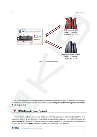 9 INTRODUÇÃO
Figura 1.15: Alteração do Web Server
Os domínios são controlados por organizações geralmente vinculadas ao governo. Por exemplo,
os domínios .br são controlados e disponibilizados pelo Registro de Domínios para a Internet no
Brasil (registro.br).
DNS (Domain Name System)
Como vimos, podemos acessar um Web Server diretamente através do seu endereço IP ou indi-
retamente através de um domínio. Para utilizar a segunda abordagem, é necessário consultar um
servidor DNS para “traduzir” o domínio desejado para o endereço IP correspondente. Basicamente,
a tarefa dos servidores DNS é informar o endereço IP associado a um domínio.
www.facebook.com/k19treinamentos 9
 