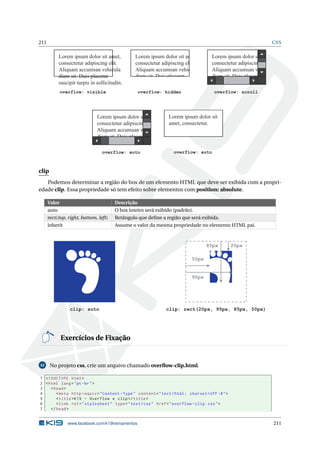 211 CSS
overflow: visible
Lorem ipsum dolor sit amet,
consectetur adipiscing elit.
Aliquam accumsan vehicula
diam sit. Duis placerat
suscipit turpis in sollicitudin.
overflow: hidden
Lorem ipsum dolor sit amet,
consectetur adipiscing elit.
Aliquam accumsan vehicula
diam sit. Duis placerat
suscipit turpis in sollicitudin.
overflow: scroll
Lorem ipsum dolor sit amet,
consectetur adipiscing elit.
Aliquam accumsan vehicula
diam sit. Duis placerat
suscipit turpis in sollicitudin.
overflow: auto
Lorem ipsum dolor sit
amet, consectetur.
overflow: auto
Lorem ipsum dolor sit amet,
consectetur adipiscing elit.
Aliquam accumsan vehicula
diam sit. Duis placerat
suscipit turpis in sollicitudin.
clip
Podemos determinar a região do box de um elemento HTML que deve ser exibida com a propri-
edade clip. Essa propriedade só tem efeito sobre elementos com position: absolute.
Valor Descrição
auto O box inteiro será exibido (padrão).
rect(top, right, bottom, left) Retângulo que deﬁne a região que será exibida.
inherit Assume o valor da mesma propriedade no elemento HTML pai.
clip: auto clip: rect(20px, 95px, 85px, 50px)
20px85px
95px
50px
Exercícios de Fixação
42 No projeto css, crie um arquivo chamado overﬂow-clip.html.
1 <!DOCTYPE html>
2 <html lang="pt-br">
3 <head>
4 <meta http -equiv="Content -Type" content="text/html; charset=UTF -8">
5 <title>K19 - Overflow e clip</title>
6 <link rel="stylesheet" type="text/css" href="overflow -clip.css">
7 </head>
www.facebook.com/k19treinamentos 211
 