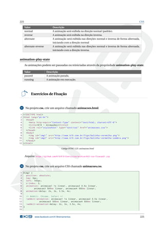 225 CSS
Valor Descrição
normal A animação será exibida na direção normal (padrão).
reverse A animação será exibida na direção inversa.
alternate A animação será exibida nas direções normal e inversa de forma alternada,
iniciando com a direção normal
alternate-reverse A animação será exibida nas direções normal e inversa de forma alternada,
iniciando com a direção inversa.
animation-play-state
As animações podem ser pausadas ou reiniciadas através da propriedade animation-play-state.
Valor Descrição
paused A animação parada.
running A animação em execução.
Exercícios de Fixação
51 No projeto css, crie um arquivo chamado animacoes.html.
1 <!DOCTYPE html>
2 <html lang="pt-br">
3 <head>
4 <meta http -equiv="Content -Type" content="text/html; charset=UTF -8">
5 <title>K19 - Animações </title>
6 <link rel="stylesheet" type="text/css" href="animacoes.css">
7 </head>
8 <body>
9 <img id="img1" src="http ://www.k19.com.br/figs/bolinha -vermelha.png">
10 <img id="img2" src="http ://www.k19.com.br/figs/bolinha -vermelha -sombra.png">
11 </body>
12 </html>
Código HTML 3.25: animacoes.html
Arquivo: https://github.com/K19/K19-Exercicios/archive/k02-css-fixacao51.zip
52 No projeto css, crie um arquivo CSS chamado animacoes.css.
1 #img1 {
2 position: absolute;
3 top: 0px;
4 left: 100px;
5 z-index: 2;
6 animation: animacao1 1s linear , animacao2 0.5s linear ,
7 animacao3 500ms linear , animacao4 500ms linear;
8 animation -delay: 2s, 3s, 3.5s, 4s;
9
10 /* Webkit: Chrome , Safari */
11 -webkit -animation: animacao1 1s linear , animacao2 0.5s linear ,
12 animacao3 500ms linear , animacao4 500ms linear;
13 -webkit -animation -delay: 2s, 3s, 3.5s, 4s;
14 }
15
www.facebook.com/k19treinamentos 225
 