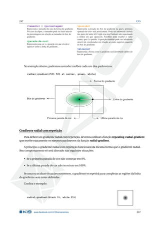 247 CSS
<tamanho> | <porcentagem>
Representa o tamanho do raio da forma do gradiente.
No caso da elipse, o tamanho pode ser dado através
da porcentagem em relação ao tamanho do box do
gradiente.
<posição>
Representa a posição do box do gradiente na qual a primeira
<parada-de-cor> será posicionada. Pode ser informada através
dos pares de lados left | right e/ou top | bottom, não importando
a ordem em que aparecem. Também pode receber o valor
center, que é o padrão. A posição também pode ser informada
através de coordenadas em relação ao canto superior esquerdo
do box do gradiente.
<alcance>
Representa a forma como o gradiente será distribuído dentro do
box do gradiente.
<parada-de-cor>
Representa uma cor e a posição em que ela deve
aparecer sobre a linha do gradiente.
No exemplo abaixo, podemos entender melhor cada um dos parâmetros:
Forma do gradiente
Linha do gradiente
Última parada de corPrimeira parada de cor
radial-gradient(50% 50% at center, green, white)
Box do gradiente
Gradiente radial com repetição
Para deﬁnir um gradiente radial com repetição, devemos utilizar a função repeating-radial-gradient
que recebe exatamente os mesmos parâmetros da função radial-gradient.
A princípio o gradiente radial com repetição funcionará da mesma forma que o gradiente radial.
Seu comportamento só será alterado nas seguintes situações:
• Se a primeira parada de cor não começar em 0%.
• Se a última parada de cor não terminar em 100%.
Se uma ou as duas situações ocorrerem, o gradiente se repetirá para completar as regiões da linha
do gradiente sem cores deﬁnidas.
Conﬁra o exemplo:
radial-gradient(black 0%, white 25%)
www.facebook.com/k19treinamentos 247
 