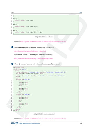 285 CSS
10 }
11
12 #div2 {
13 border -radius: 20px 60px;
14 }
15
16 #div3 {
17 border -radius: 20px 60px 100px;
18 }
19
20 #div4 {
21 border -radius: 20px 60px 100px 140px;
22 }
Código CSS 3.93: border-radius.css
Arquivo: https://github.com/K19/K19-Exercicios/archive/k02-css-complementar100.zip
101 No Windows, utilize o Chrome para acessar o endereço:
http://localhost/css/public_html/border-radius.html.
No Ubuntu, utilize o Chrome para acessar o endereço:
http://localhost/~<USUARIO>/css/public_html/border-radius.html.
102 No projeto css, crie um arquivo chamado border-collapse.html.
1 <!DOCTYPE html>
2 <html lang="pt-br">
3 <head>
4 <meta http -equiv="Content -Type" content="text/html; charset=UTF -8">
5 <title>K19 - border -collapse </title>
6 <link rel="stylesheet" type="text/css" href="border -collapse.css">
7 </head>
8 <body>
9 <table id="tabela1">
10 <tr>
11 <td>K19</td>
12 <td>K19</td>
13 </tr>
14 <tr>
15 <td>K19</td>
16 <td>K19</td>
17 </tr>
18 </table>
19 <table id="tabela2">
20 <tr>
21 <td>K19</td>
22 <td>K19</td>
23 </tr>
24 <tr>
25 <td>K19</td>
26 <td>K19</td>
27 </tr>
28 </table>
29 </body>
30 </html>
Código HTML 3.71: border-collapse.html
Arquivo: https://github.com/K19/K19-Exercicios/archive/k02-css-complementar102.zip
www.facebook.com/k19treinamentos 285
 
