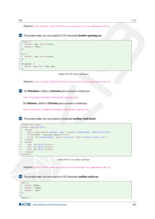 287 CSS
Arquivo: https://github.com/K19/K19-Exercicios/archive/k02-css-complementar105.zip
106 No projeto css, crie um arquivo CSS chamado border-spacing.css.
1 table {
2 border: 2px solid black;
3 margin: 10px;
4 }
5
6 td {
7 border: 2px solid black;
8 }
9
10 #tabela1 {
11 border -spacing: 10px 5px;
12 }
Código CSS 3.95: border-spacing.css
Arquivo: https://github.com/K19/K19-Exercicios/archive/k02-css-complementar106.zip
107 No Windows, utilize o Chrome para acessar o endereço:
http://localhost/css/public_html/border-spacing.html.
No Ubuntu, utilize o Chrome para acessar o endereço:
http://localhost/~<USUARIO>/css/public_html/border-spacing.html.
108 No projeto css, crie um arquivo chamado outline-style.html.
1 <!DOCTYPE html>
2 <html lang="pt-br">
3 <head>
4 <meta http -equiv="Content -Type" content="text/html; charset=UTF -8">
5 <title>K19 - outline -style</title>
6 <link rel="stylesheet" type="text/css" href="outline -style.css">
7 </head>
8 <body>
9 <div id="div1"></div>
10 <div id="div2"></div>
11 <div id="div3"></div>
12 </body>
13 </html>
Código HTML 3.73: outline-style.html
Arquivo: https://github.com/K19/K19-Exercicios/archive/k02-css-complementar108.zip
109 No projeto css, crie um arquivo CSS chamado outline-style.css.
1 div {
2 width: 400px;
3 height: 100px;
4 margin: 10px;
5 }
6
7 #div1 {
www.facebook.com/k19treinamentos 287
 