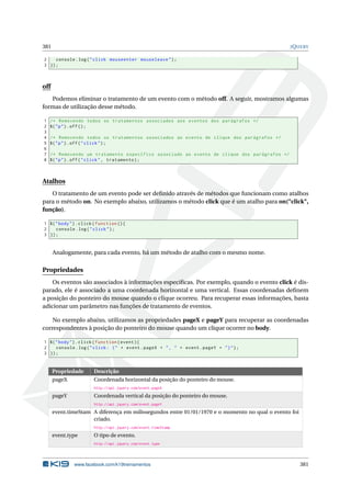 381 JQUERY
2 console.log("click mouseenter mouseleave");
3 });
off
Podemos eliminar o tratamento de um evento com o método off. A seguir, mostramos algumas
formas de utilização desse método.
1 /* Removendo todos os tratamentos associados aos eventos dos parágrafos */
2 $("p").off();
3
4 /* Removendo todos os tratamentos associados ao evento de clique dos parágrafos */
5 $("p").off("click");
6
7 /* Removendo um tratamento específico associado ao evento de clique dos parágrafos */
8 $("p").off("click", tratamento);
Atalhos
O tratamento de um evento pode ser deﬁnido através de métodos que funcionam como atalhos
para o método on. No exemplo abaixo, utilizamos o método click que é um atalho para on("click",
função).
1 $("body").click(function (){
2 console.log("click");
3 });
Analogamente, para cada evento, há um método de atalho com o mesmo nome.
Propriedades
Os eventos são associados à informações especiﬁcas. Por exemplo, quando o evento click é dis-
parado, ele é associado a uma coordenada horizontal e uma vertical. Essas coordenadas deﬁnem
a posição do ponteiro do mouse quando o clique ocorreu. Para recuperar essas informações, basta
adicionar um parâmetro nas funções de tratamento de eventos.
No exemplo abaixo, utilizamos as propriedades pageX e pageY para recuperar as coordenadas
correspondentes à posição do ponteiro do mouse quando um clique ocorrer no body.
1 $("body").click(function(event){
2 console.log("click: (" + event.pageX + ", " + event.pageY + ")");
3 });
Propriedade Descrição
pageX Coordenada horizontal da posição do ponteiro do mouse.
http://api.jquery.com/event.pageX
pageY Coordenada vertical da posição do ponteiro do mouse.
http://api.jquery.com/event.pageY
event.timeStampA diferença em milissegundos entre 01/01/1970 e o momento no qual o evento foi
criado.
http://api.jquery.com/event.timeStamp
event.type O tipo de evento.
http://api.jquery.com/event.type
www.facebook.com/k19treinamentos 381
 