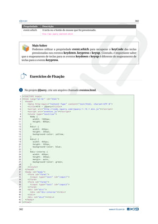 JQUERY 382
Propriedade Descrição
event.which A tecla ou o botão do mouse que foi pressionado.
http://api.jquery.com/event.which
Mais Sobre
Podemos utilizar a propriedade event.which para recuperar o keyCode das teclas
pressionadas nos eventos keydown, keypress e keyup. Contudo, é importante saber
que o mapeamento de teclas para os eventos keydown e keyup é diferente do mapeamento de
teclas para o evento keypress.
Exercícios de Fixação
5 No projeto jQuery, crie um arquivo chamado eventos.html.
1 <!DOCTYPE html>
2 <html lang="pt-br" id="html">
3 <head>
4 <meta http -equiv="Content -Type" content="text/html; charset=UTF -8">
5 <title>K19 - jQuery </title>
6 <script src="http :// code.jquery.com/jquery -1.10.1. min.js"></script >
7 <script src="eventos.js"></script >
8 <style type="text/css">
9 body {
10 width: 1000px;
11 height: 800px;
12 }
13 #div1 {
14 width: 400px;
15 height: 300px;
16 background -color: yellow;
17 }
18 #div2 {
19 width: 400px;
20 height: 300px;
21 background -color: blue;
22 }
23 #div -interno {
24 width: 400px;
25 height: 300px;
26 margin: auto;
27 background -color: green;
28 }
29 </style>
30 </head>
31 <body id="body">
32 <form id="form1">
33 <input type="text" id="input1">
34 </form>
35 <form id="form2">
36 <input type="text" id="input2">
37 </form>
38 <div id="div1">
39 <div id="div -interno"></div>
40 </div>
41 <div id="div2"></div>
42 </body>
43 </html>
382 www.k19.com.br
 