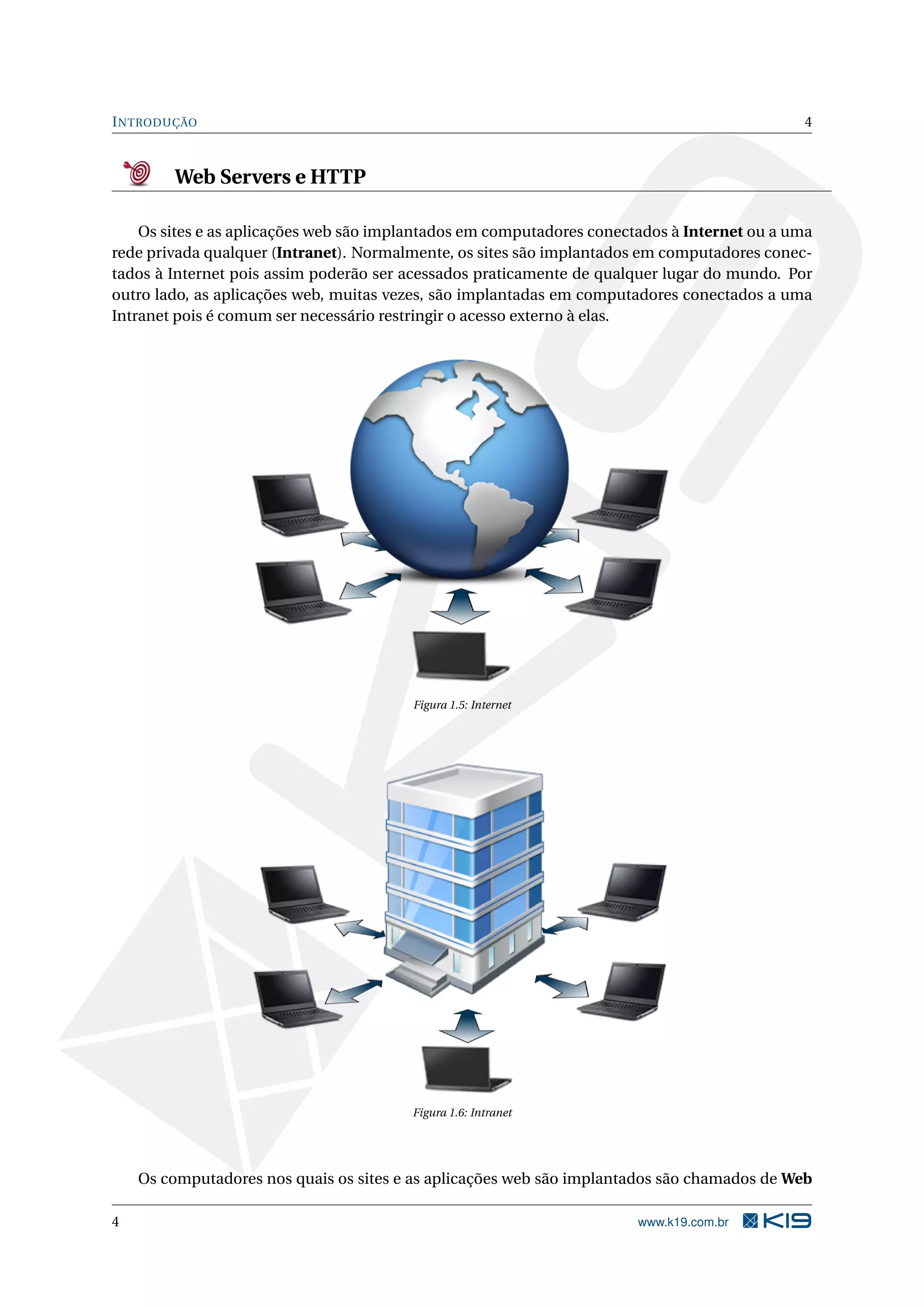 INTRODUÇÃO 4
Web Servers e HTTP
Os sites e as aplicações web são implantados em computadores conectados à Internet ou a uma
rede privada qualquer (Intranet). Normalmente, os sites são implantados em computadores conec-
tados à Internet pois assim poderão ser acessados praticamente de qualquer lugar do mundo. Por
outro lado, as aplicações web, muitas vezes, são implantadas em computadores conectados a uma
Intranet pois é comum ser necessário restringir o acesso externo à elas.
Figura 1.5: Internet
Figura 1.6: Intranet
Os computadores nos quais os sites e as aplicações web são implantados são chamados de Web
4 www.k19.com.br
 