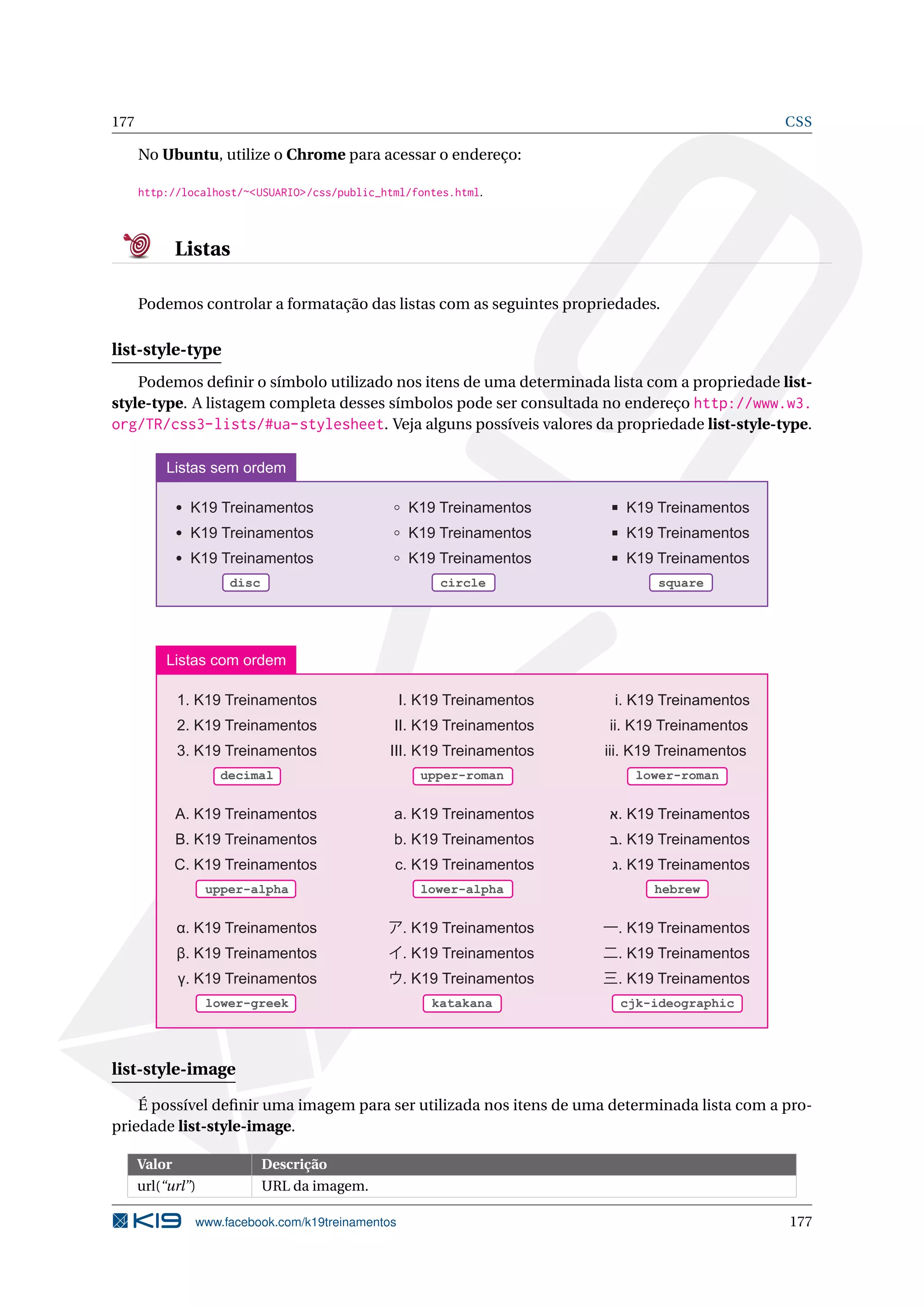 177 CSS
No Ubuntu, utilize o Chrome para acessar o endereço:
http://localhost/~<USUARIO>/css/public_html/fontes.html.
Listas
Podemos controlar a formatação das listas com as seguintes propriedades.
list-style-type
Podemos deﬁnir o símbolo utilizado nos itens de uma determinada lista com a propriedade list-
style-type. A listagem completa desses símbolos pode ser consultada no endereço http://www.w3.
org/TR/css3-lists/#ua-stylesheet. Veja alguns possíveis valores da propriedade list-style-type.
K19 Treinamentos
K19 Treinamentos
K19 Treinamentos
disc
K19 Treinamentos
K19 Treinamentos
K19 Treinamentos
circle
K19 Treinamentos
K19 Treinamentos
K19 Treinamentos
square
Listas sem ordem
decimal
1. K19 Treinamentos
2. K19 Treinamentos
3. K19 Treinamentos
upper-roman
I. K19 Treinamentos
II. K19 Treinamentos
III. K19 Treinamentos
lower-roman
i. K19 Treinamentos
ii. K19 Treinamentos
iii. K19 Treinamentos
Listas com ordem
upper-alpha
A. K19 Treinamentos
B. K19 Treinamentos
C. K19 Treinamentos
lower-alpha
a. K19 Treinamentos
b. K19 Treinamentos
c. K19 Treinamentos
hebrew
‫.א‬ K19 Treinamentos
‫.ב‬ K19 Treinamentos
‫.ג‬ K19 Treinamentos
lower-greek
α. K19 Treinamentos
β. K19 Treinamentos
γ. K19 Treinamentos
katakana
ア. K19 Treinamentos
イ. K19 Treinamentos
ウ. K19 Treinamentos
cjk-ideographic
一. K19 Treinamentos
二. K19 Treinamentos
三. K19 Treinamentos
list-style-image
É possível deﬁnir uma imagem para ser utilizada nos itens de uma determinada lista com a pro-
priedade list-style-image.
Valor Descrição
url(“url”) URL da imagem.
www.facebook.com/k19treinamentos 177
 