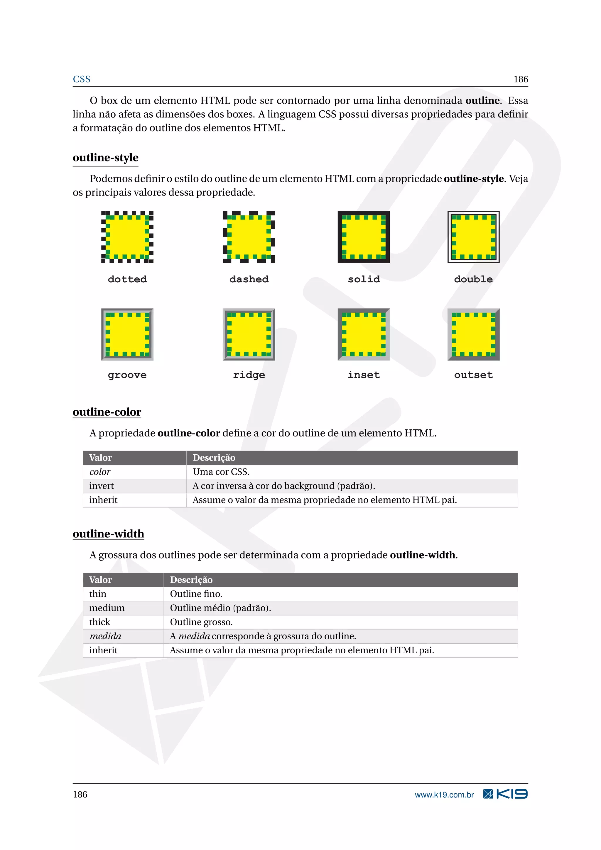 CSS 186
O box de um elemento HTML pode ser contornado por uma linha denominada outline. Essa
linha não afeta as dimensões dos boxes. A linguagem CSS possui diversas propriedades para deﬁnir
a formatação do outline dos elementos HTML.
outline-style
Podemos deﬁnir o estilo do outline de um elemento HTML com a propriedade outline-style. Veja
os principais valores dessa propriedade.
dotted dashed solid double
groove ridge inset outset
outline-color
A propriedade outline-color deﬁne a cor do outline de um elemento HTML.
Valor Descrição
color Uma cor CSS.
invert A cor inversa à cor do background (padrão).
inherit Assume o valor da mesma propriedade no elemento HTML pai.
outline-width
A grossura dos outlines pode ser determinada com a propriedade outline-width.
Valor Descrição
thin Outline ﬁno.
medium Outline médio (padrão).
thick Outline grosso.
medida A medida corresponde à grossura do outline.
inherit Assume o valor da mesma propriedade no elemento HTML pai.
186 www.k19.com.br
 