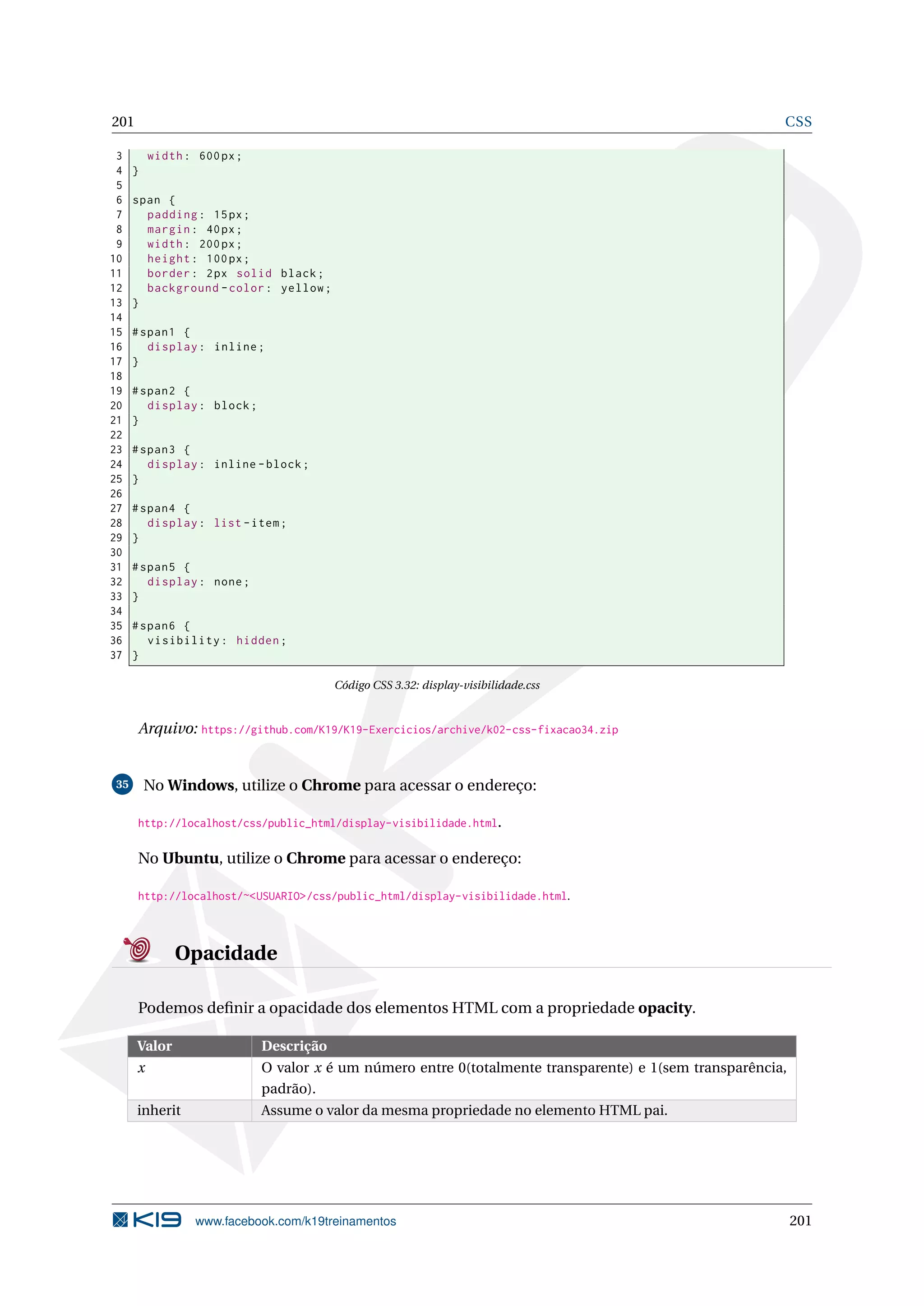 201 CSS
3 width: 600px;
4 }
5
6 span {
7 padding: 15px;
8 margin: 40px;
9 width: 200px;
10 height: 100px;
11 border: 2px solid black;
12 background -color: yellow;
13 }
14
15 #span1 {
16 display: inline;
17 }
18
19 #span2 {
20 display: block;
21 }
22
23 #span3 {
24 display: inline -block;
25 }
26
27 #span4 {
28 display: list -item;
29 }
30
31 #span5 {
32 display: none;
33 }
34
35 #span6 {
36 visibility: hidden;
37 }
Código CSS 3.32: display-visibilidade.css
Arquivo: https://github.com/K19/K19-Exercicios/archive/k02-css-fixacao34.zip
35 No Windows, utilize o Chrome para acessar o endereço:
http://localhost/css/public_html/display-visibilidade.html.
No Ubuntu, utilize o Chrome para acessar o endereço:
http://localhost/~<USUARIO>/css/public_html/display-visibilidade.html.
Opacidade
Podemos deﬁnir a opacidade dos elementos HTML com a propriedade opacity.
Valor Descrição
x O valor x é um número entre 0(totalmente transparente) e 1(sem transparência,
padrão).
inherit Assume o valor da mesma propriedade no elemento HTML pai.
www.facebook.com/k19treinamentos 201
 