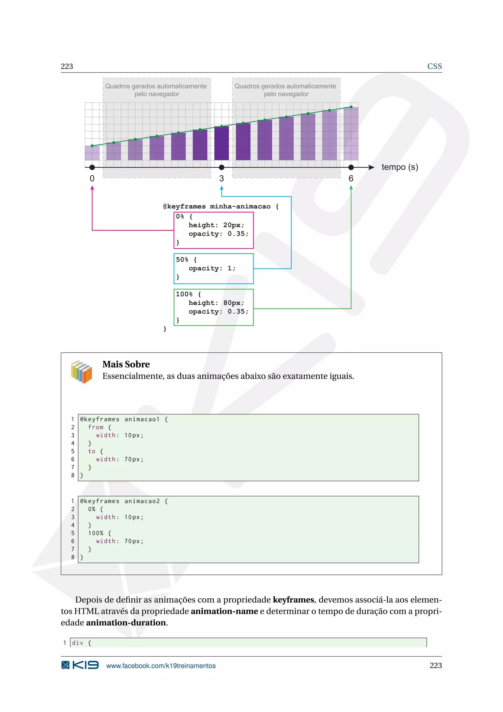 223 CSS
tempo (s)
0 63
@keyframes minha-animacao {
0% {
height: 20px;
opacity: 0.35;
}
50% {
opacity: 1;
}
100% {
height: 80px;
opacity: 0.35;
}
}
Quadros gerados automaticamente
pelo navegador
Quadros gerados automaticamente
pelo navegador
Mais Sobre
Essencialmente, as duas animações abaixo são exatamente iguais.
1 @keyframes animacao1 {
2 from {
3 width: 10px;
4 }
5 to {
6 width: 70px;
7 }
8 }
1 @keyframes animacao2 {
2 0% {
3 width: 10px;
4 }
5 100% {
6 width: 70px;
7 }
8 }
Depois de deﬁnir as animações com a propriedade keyframes, devemos associá-la aos elemen-
tos HTML através da propriedade animation-name e determinar o tempo de duração com a propri-
edade animation-duration.
1 div {
www.facebook.com/k19treinamentos 223
 