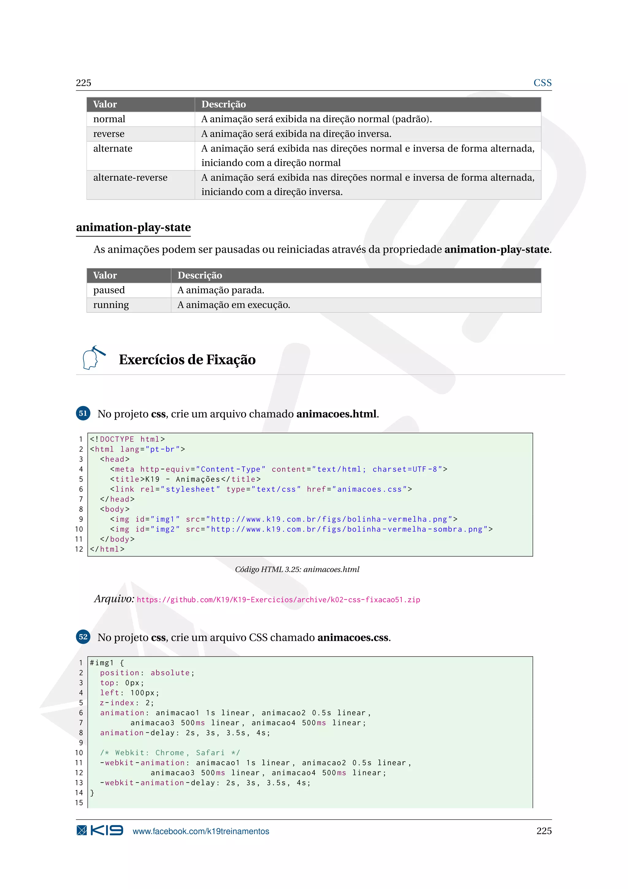 225 CSS
Valor Descrição
normal A animação será exibida na direção normal (padrão).
reverse A animação será exibida na direção inversa.
alternate A animação será exibida nas direções normal e inversa de forma alternada,
iniciando com a direção normal
alternate-reverse A animação será exibida nas direções normal e inversa de forma alternada,
iniciando com a direção inversa.
animation-play-state
As animações podem ser pausadas ou reiniciadas através da propriedade animation-play-state.
Valor Descrição
paused A animação parada.
running A animação em execução.
Exercícios de Fixação
51 No projeto css, crie um arquivo chamado animacoes.html.
1 <!DOCTYPE html>
2 <html lang="pt-br">
3 <head>
4 <meta http -equiv="Content -Type" content="text/html; charset=UTF -8">
5 <title>K19 - Animações </title>
6 <link rel="stylesheet" type="text/css" href="animacoes.css">
7 </head>
8 <body>
9 <img id="img1" src="http ://www.k19.com.br/figs/bolinha -vermelha.png">
10 <img id="img2" src="http ://www.k19.com.br/figs/bolinha -vermelha -sombra.png">
11 </body>
12 </html>
Código HTML 3.25: animacoes.html
Arquivo: https://github.com/K19/K19-Exercicios/archive/k02-css-fixacao51.zip
52 No projeto css, crie um arquivo CSS chamado animacoes.css.
1 #img1 {
2 position: absolute;
3 top: 0px;
4 left: 100px;
5 z-index: 2;
6 animation: animacao1 1s linear , animacao2 0.5s linear ,
7 animacao3 500ms linear , animacao4 500ms linear;
8 animation -delay: 2s, 3s, 3.5s, 4s;
9
10 /* Webkit: Chrome , Safari */
11 -webkit -animation: animacao1 1s linear , animacao2 0.5s linear ,
12 animacao3 500ms linear , animacao4 500ms linear;
13 -webkit -animation -delay: 2s, 3s, 3.5s, 4s;
14 }
15
www.facebook.com/k19treinamentos 225
 