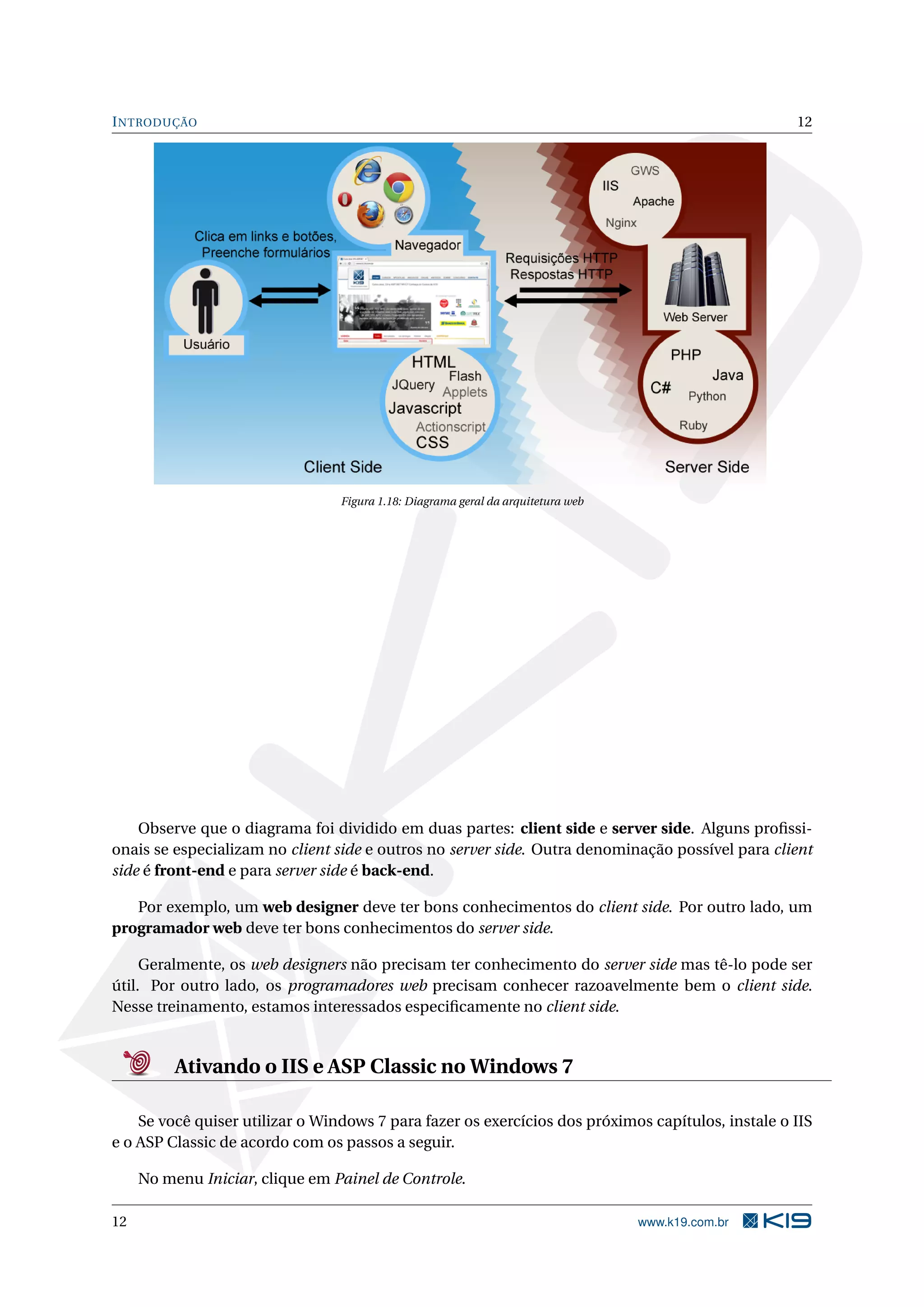 INTRODUÇÃO 12
Figura 1.18: Diagrama geral da arquitetura web
Observe que o diagrama foi dividido em duas partes: client side e server side. Alguns proﬁssi-
onais se especializam no client side e outros no server side. Outra denominação possível para client
side é front-end e para server side é back-end.
Por exemplo, um web designer deve ter bons conhecimentos do client side. Por outro lado, um
programador web deve ter bons conhecimentos do server side.
Geralmente, os web designers não precisam ter conhecimento do server side mas tê-lo pode ser
útil. Por outro lado, os programadores web precisam conhecer razoavelmente bem o client side.
Nesse treinamento, estamos interessados especiﬁcamente no client side.
Ativando o IIS e ASP Classic no Windows 7
Se você quiser utilizar o Windows 7 para fazer os exercícios dos próximos capítulos, instale o IIS
e o ASP Classic de acordo com os passos a seguir.
No menu Iniciar, clique em Painel de Controle.
12 www.k19.com.br
 