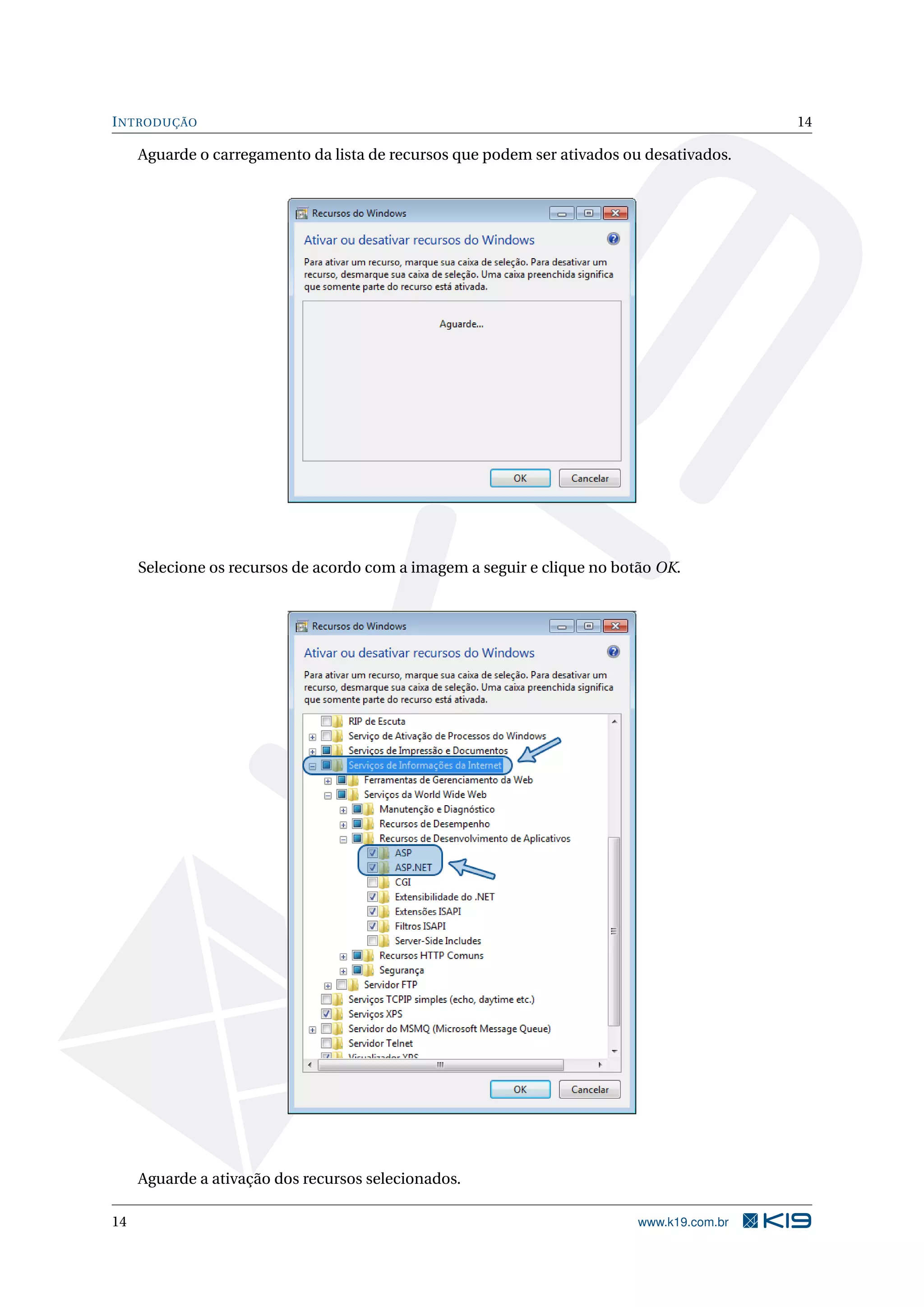 INTRODUÇÃO 14
Aguarde o carregamento da lista de recursos que podem ser ativados ou desativados.
Selecione os recursos de acordo com a imagem a seguir e clique no botão OK.
Aguarde a ativação dos recursos selecionados.
14 www.k19.com.br
 