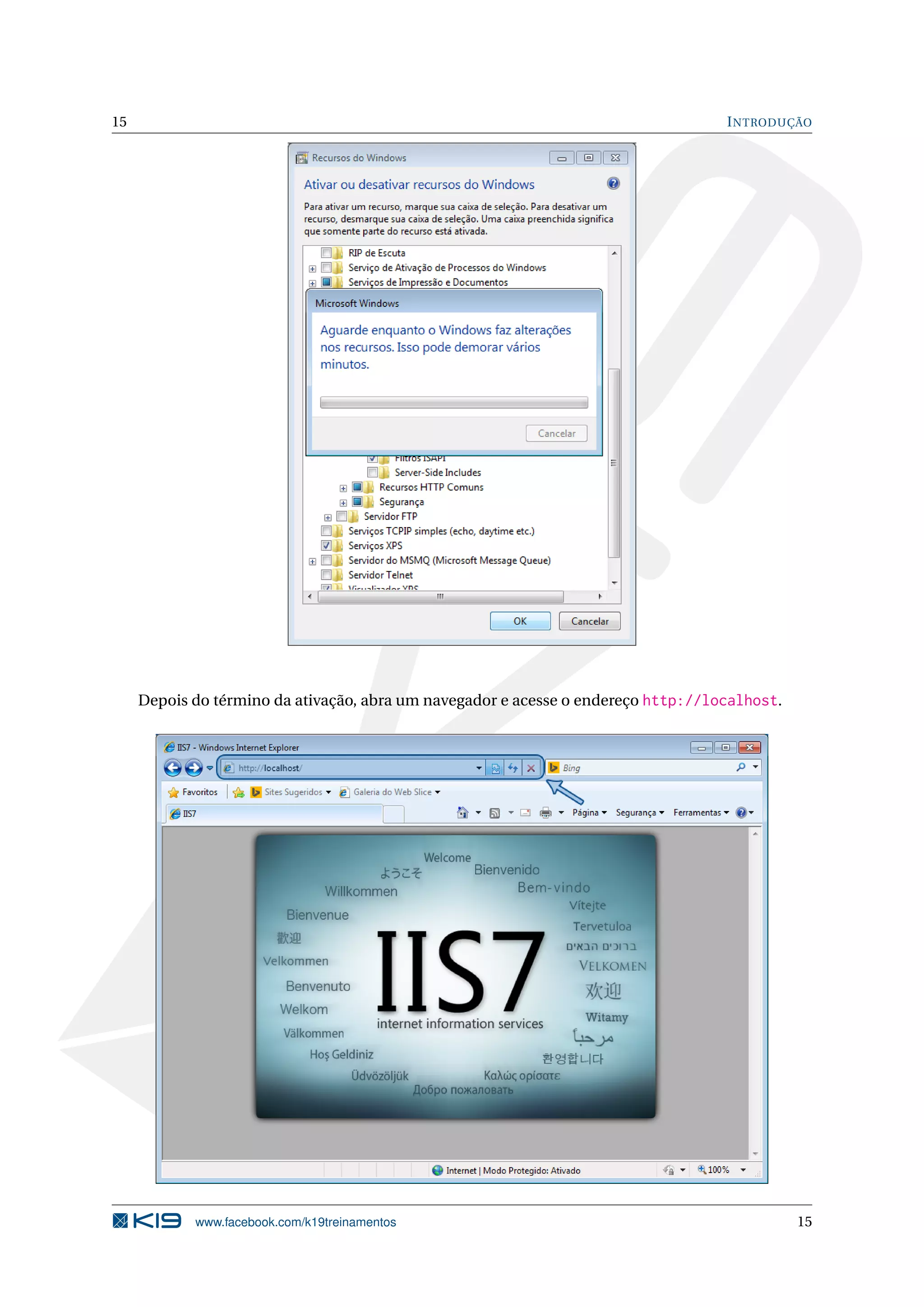15 INTRODUÇÃO
Depois do término da ativação, abra um navegador e acesse o endereço http://localhost.
www.facebook.com/k19treinamentos 15
 