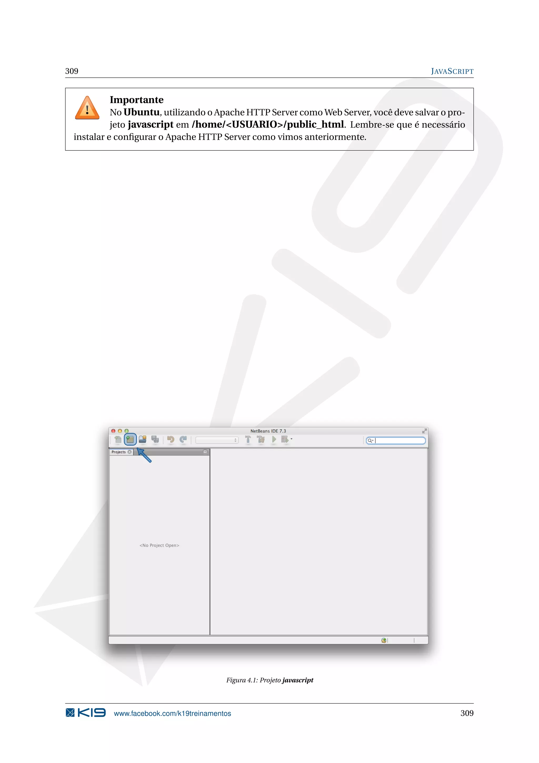 309 JAVASCRIPT
Importante
No Ubuntu, utilizando o Apache HTTP Server como Web Server, você deve salvar o pro-
jeto javascript em /home/<USUARIO>/public_html. Lembre-se que é necessário
instalar e conﬁgurar o Apache HTTP Server como vimos anteriormente.
Figura 4.1: Projeto javascript
www.facebook.com/k19treinamentos 309
 