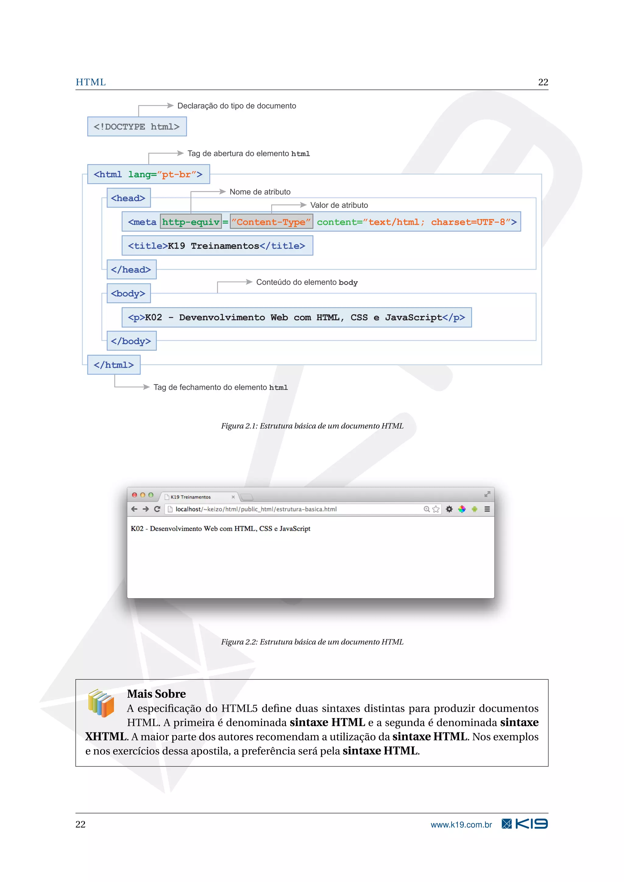 HTML 22
<!DOCTYPE html>
<html lang=”pt-br”>
<head>
<meta http-equiv = ”Content-Type” content=”text/html; charset=UTF-8”>
<title>K19 Treinamentos</title>
</head>
<body>
<p>K02 - Devenvolvimento Web com HTML, CSS e JavaScript</p>
</body>
</html>
Declaração do tipo de documento
Tag de abertura do elemento html
Conteúdo do elemento body
Nome de atributo
Valor de atributo
Tag de fechamento do elemento html
Figura 2.1: Estrutura básica de um documento HTML
Figura 2.2: Estrutura básica de um documento HTML
Mais Sobre
A especiﬁcação do HTML5 deﬁne duas sintaxes distintas para produzir documentos
HTML. A primeira é denominada sintaxe HTML e a segunda é denominada sintaxe
XHTML. A maior parte dos autores recomendam a utilização da sintaxe HTML. Nos exemplos
e nos exercícios dessa apostila, a preferência será pela sintaxe HTML.
22 www.k19.com.br
 