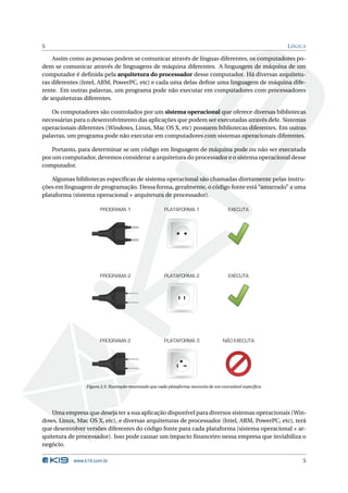 5                                                                                                            L ÓGICA

    Assim como as pessoas podem se comunicar através de línguas diferentes, os computadores po-
dem se comunicar através de linguagens de máquina diferentes. A linguagem de máquina de um
computador é deﬁnida pela arquitetura do processador desse computador. Há diversas arquitetu-
ras diferentes (Intel, ARM, PowerPC, etc) e cada uma delas deﬁne uma linguagem de máquina dife-
rente. Em outras palavras, um programa pode não executar em computadores com processadores
de arquiteturas diferentes.

    Os computadores são controlados por um sistema operacional que oferece diversas bibliotecas
necessárias para o desenvolvimento das aplicações que podem ser executadas através dele. Sistemas
operacionais diferentes (Windows, Linux, Mac OS X, etc) possuem bibliotecas diferentes. Em outras
palavras, um programa pode não executar em computadores com sistemas operacionais diferentes.

    Portanto, para determinar se um código em linguagem de máquina pode ou não ser executada
por um computador, devemos considerar a arquitetura do processador e o sistema operacional desse
computador.

    Algumas bibliotecas especíﬁcas de sistema operacional são chamadas diretamente pelas instru-
ções em linguagem de programação. Dessa forma, geralmente, o código fonte está “amarrado” a uma
plataforma (sistema operacional + arquitetura de processador).

                      PROGRAMA 1                       PLATAFORMA 1                     EXECUTA




                      PROGRAMA 2                       PLATAFORMA 2                     EXECUTA




                      PROGRAMA 2                       PLATAFORMA 3                   NÃO EXECUTA




                Figura 2.3: Ilustração mostrando que cada plataforma necessita de um executável especíﬁco.




    Uma empresa que deseja ter a sua aplicação disponível para diversos sistemas operacionais (Win-
dows, Linux, Mac OS X, etc), e diversas arquiteturas de processador (Intel, ARM, PowerPC, etc), terá
que desenvolver versões diferentes do código fonte para cada plataforma (sistema operacional + ar-
quitetura de processador). Isso pode causar um impacto ﬁnanceiro nessa empresa que inviabiliza o
negócio.

           www.k19.com.br                                                                                         5
 
