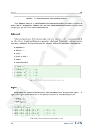 L ÓGICA                                                                                                             14



                        Código Java 2.12: O mesmo exemplo anterior, usando os operadores aritméticos.



    Como podemos observar, os operadores de atribuição, com exceção do simples (=), reduzem a
quantidade de código escrito. Podemos dizer que esses operadores funcionam como “atalhos” para
as operações que utilizam os operadores aritméticos.



Relacional

   Muitas vezes precisamos determinar a relação entre uma variável ou valor e outra outra variável
ou valor. Nessas situações, utilizamos os operadores relacionais. As operações realizadas com os
operadores relacionais devolvem valores do tipo primitivo boolean. Os operadores relacionais são:

     • Igualdade ==
     • Diferença !=
     • Menor <
     • Menor ou igual <=
     • Maior >
     • Maior ou igual >=

1    int valor = 2;
2    boolean t = false ;
3    t = ( valor == 2) ;     //   t   =   true
4    t = ( valor != 2) ;     //   t   =   false
5    t = ( valor < 2) ;      //   t   =   false
6    t = ( valor <= 2) ;     //   t   =   true
7    t = ( valor > 1) ;      //   t   =   true
8    t = ( valor >= 1) ;     //   t   =   true

                            Código Java 2.13: Exemplo de uso dos operadores relacionais em Java.




Lógico

   A linguagem Java permite veriﬁcar duas ou mais condições através de operadores lógicos. Os
operadores lógicos devolvem valores do tipo primitivo boolean. Os operadores lógicos são:

     • “E” lógico &&
     • “OU” lógico ||

1    int valor = 30;
2    boolean teste =    false ;
3    teste = valor <    40 && valor        > 20;        //   teste   =   true
4    teste = valor <    40 && valor        > 30;        //   teste   =   false
5    teste = valor >    30 || valor        > 20;        //   teste   =   true
6    teste = valor >    30 || valor        < 20;        //   teste   =   false
7    teste = valor <    50 && valor        == 30;       //   teste   =   true

                              Código Java 2.14: Exemplo de uso dos operadores lógicos em Java.



14                                                                                                 www.k19.com.br
 