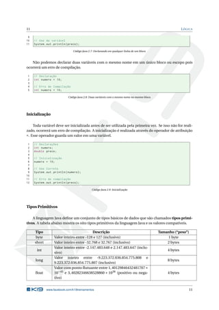 11 LÓGICA
9
10 // Uso da variável
11 System.out.println(preco);
Código Java 2.7: Declarando em qualquer linha de um bloco.
Não podemos declarar duas variáveis com o mesmo nome em um único bloco ou escopo pois
ocorrerá um erro de compilação.
1 // Declaração
2 int numero = 10;
3
4 // Erro de Compilação
5 int numero = 10;
Código Java 2.8: Duas variáveis com o mesmo nome no mesmo bloco.
Inicialização
Toda variável deve ser inicializada antes de ser utilizada pela primeira vez. Se isso não for reali-
zado, ocorrerá um erro de compilação. A inicialização é realizada através do operador de atribuição
=. Esse operador guarda um valor em uma variável.
1 // Declarações
2 int numero;
3 double preco;
4
5 // Inicialização
6 numero = 10;
7
8 // Uso Correto
9 System.out.println(numero);
10
11 // Erro de compilação
12 System.out.println(preco);
Código Java 2.9: Inicialização
Tipos Primitivos
A linguagem Java deﬁne um conjunto de tipos básicos de dados que são chamados tipos primi-
tivos. A tabela abaixo mostra os oito tipos primitivos da linguagem Java e os valores compatíveis.
Tipo Descrição Tamanho (“peso”)
byte Valor inteiro entre -128 e 127 (inclusivo) 1 byte
short Valor inteiro entre -32.768 e 32.767 (inclusivo) 2 bytes
int
Valor inteiro entre -2.147.483.648 e 2.147.483.647 (inclu-
sivo)
4 bytes
long
Valor inteiro entre -9.223.372.036.854.775.808 e
9.223.372.036.854.775.807 (inclusivo)
8 bytes
ﬂoat
Valor com ponto ﬂutuante entre 1,40129846432481707×
10−45
e 3,40282346638528860 × 1038
(positivo ou nega-
tivo)
4 bytes
www.facebook.com/k19treinamentos 11
 