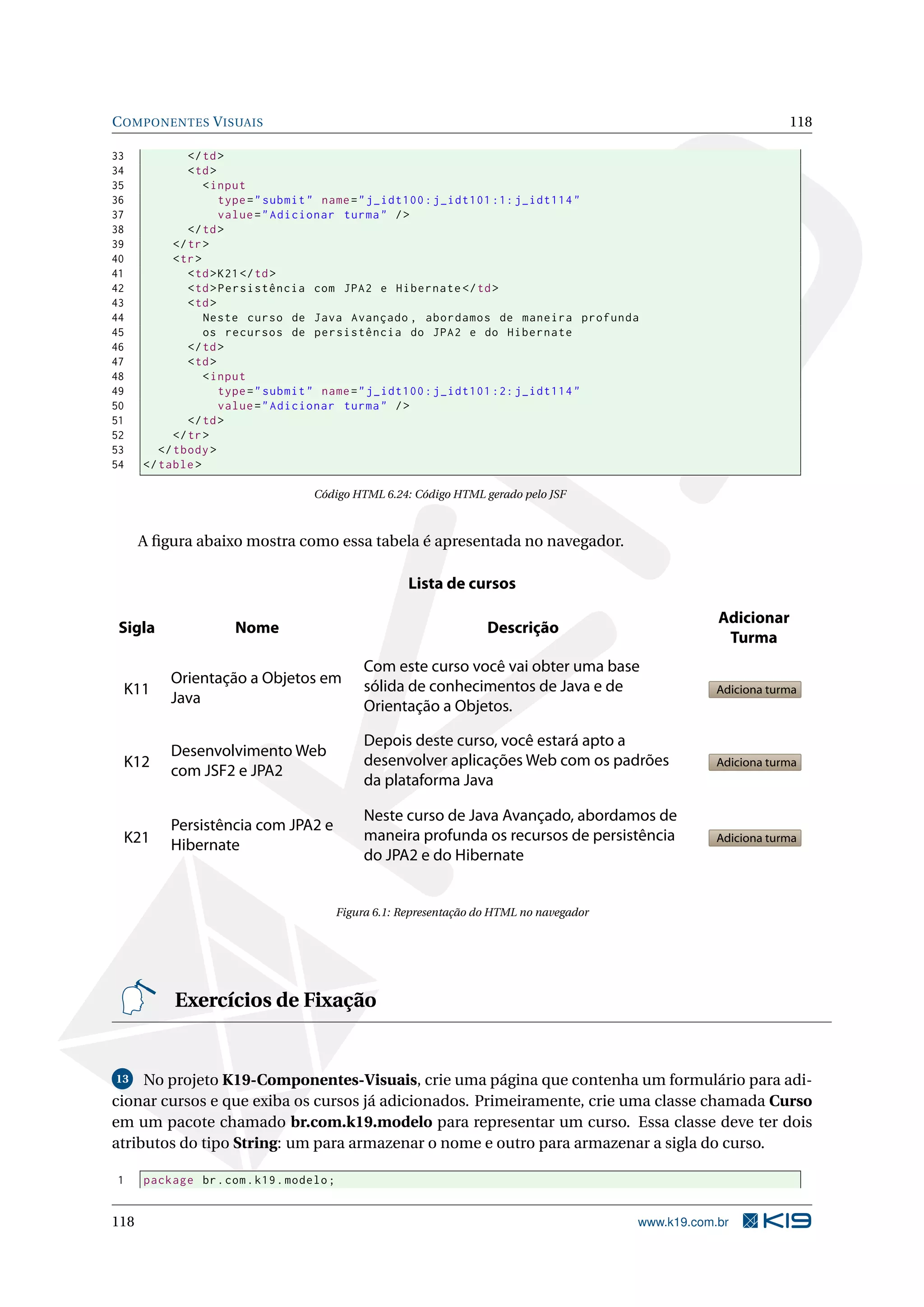 C OMPONENTES V ISUAIS                                                                                              118

33             </ td >
34             < td >
35                 < input
36                    type = " submit " name = " j_idt100 : j_idt101 :1: j_idt114 "
37                    value = " Adicionar turma " / >
38             </ td >
39          </ tr >
40          < tr >
41             < td > K21 </ td >
42             < td > Persistência com JPA2 e Hibernate </ td >
43             < td >
44                 Neste curso de Java Avançado , abordamos de maneira profunda
45                 os recursos de persistência do JPA2 e do Hibernate
46             </ td >
47             < td >
48                 < input
49                    type = " submit " name = " j_idt100 : j_idt101 :2: j_idt114 "
50                    value = " Adicionar turma " / >
51             </ td >
52          </ tr >
53       </ tbody >
54    </ table >

                                   Código HTML 6.24: Código HTML gerado pelo JSF



      A ﬁgura abaixo mostra como essa tabela é apresentada no navegador.

                                                       Lista de cursos

                                                                                                       Adicionar
 Sigla               Nome                                            Descrição
                                                                                                        Turma
                                               Com este curso você vai obter uma base
          Orientação a Objetos em              sólida de conhecimentos de Java e de
 K11                                                                                                   Adiciona turma
          Java                                 Orientação a Objetos.

                                               Depois deste curso, você estará apto a
          Desenvolvimento Web
 K12                                           desenvolver aplicações Web com os padrões               Adiciona turma
          com JSF2 e JPA2
                                               da plataforma Java

                                               Neste curso de Java Avançado, abordamos de
          Persistência com JPA2 e
 K21                                           maneira profunda os recursos de persistência            Adiciona turma
          Hibernate
                                               do JPA2 e do Hibernate


                                          Figura 6.1: Representação do HTML no navegador




           Exercícios de Fixação


13   No projeto K19-Componentes-Visuais, crie uma página que contenha um formulário para adi-
cionar cursos e que exiba os cursos já adicionados. Primeiramente, crie uma classe chamada Curso
em um pacote chamado br.com.k19.modelo para representar um curso. Essa classe deve ter dois
atributos do tipo String: um para armazenar o nome e outro para armazenar a sigla do curso.

1     package br . com . k19 . modelo ;


118                                                                                        www.k19.com.br
 