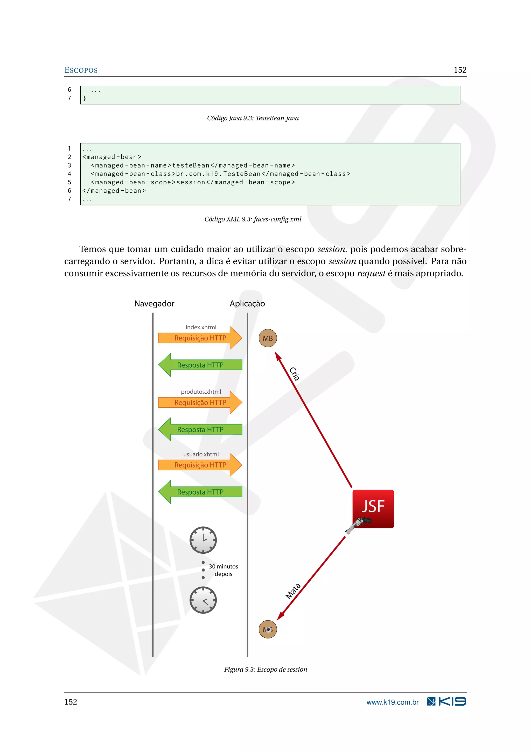 E SCOPOS                                                                                                      152

6         ...
7     }

                                             Código Java 9.3: TesteBean.java



1     ...
2     < managed - bean >
3        < managed - bean - name > testeBean </ managed - bean - name >
4        < managed - bean - class > br . com . k19 . TesteBean </ managed - bean - class >
5        < managed - bean - scope > session </ managed - bean - scope >
6     </ managed - bean >
7     ...

                                             Código XML 9.3: faces-conﬁg.xml



    Temos que tomar um cuidado maior ao utilizar o escopo session, pois podemos acabar sobre-
carregando o servidor. Portanto, a dica é evitar utilizar o escopo session quando possível. Para não
consumir excessivamente os recursos de memória do servidor, o escopo request é mais apropriado.


                      Navegador                        Aplicação

                                      index.xhtml
                                  Requisição HTTP                  MB


                                   Resposta HTTP
                                                                           Cri
                                                                               a




                                     produtos.xhtml
                                  Requisição HTTP


                                   Resposta HTTP


                                     usuario.xhtml
                                  Requisição HTTP


                                   Resposta HTTP

                                                                                             JSF


                                              30 minutos
                                                depois
                                                                              a
                                                                           at
                                                                         M




                                                                   MB




                                                      Figura 9.3: Escopo de session




152                                                                                          www.k19.com.br
 