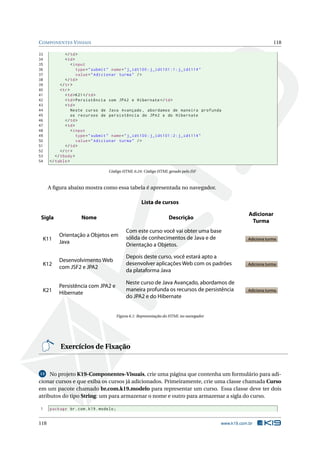 COMPONENTES VISUAIS 118
33 </td>
34 <td>
35 <input
36 type="submit" name="j_idt100:j_idt101 :1: j_idt114"
37 value="Adicionar turma" />
38 </td>
39 </tr>
40 <tr>
41 <td>K21</td>
42 <td>Persistência com JPA2 e Hibernate </td>
43 <td>
44 Neste curso de Java Avançado , abordamos de maneira profunda
45 os recursos de persistência do JPA2 e do Hibernate
46 </td>
47 <td>
48 <input
49 type="submit" name="j_idt100:j_idt101 :2: j_idt114"
50 value="Adicionar turma" />
51 </td>
52 </tr>
53 </tbody>
54 </table>
Código HTML 6.24: Código HTML gerado pelo JSF
A ﬁgura abaixo mostra como essa tabela é apresentada no navegador.
Lista de cursos
Sigla Nome Descrição
Adicionar
Turma
K11
K12
K21
Com este curso você vai obter uma base
sólida de conhecimentos de Java e de
Orientação a Objetos.
Depois deste curso, você estará apto a
desenvolver aplicações Web com os padrões
da plataforma Java
Neste curso de Java Avançado, abordamos de
maneira profunda os recursos de persistência
do JPA2 e do Hibernate
Orientação a Objetos em
Java
Desenvolvimento Web
com JSF2 e JPA2
Persistência com JPA2 e
Hibernate
Adiciona turma
Adiciona turma
Adiciona turma
Figura 6.1: Representação do HTML no navegador
Exercícios de Fixação
13 No projeto K19-Componentes-Visuais, crie uma página que contenha um formulário para adi-
cionar cursos e que exiba os cursos já adicionados. Primeiramente, crie uma classe chamada Curso
em um pacote chamado br.com.k19.modelo para representar um curso. Essa classe deve ter dois
atributos do tipo String: um para armazenar o nome e outro para armazenar a sigla do curso.
1 package br.com.k19.modelo;
118 www.k19.com.br
 
