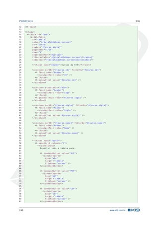 PRIMEFACES 246
12 </h:head>
13
14 <h:body>
15 <h:form id="form">
16 <p:dataTable
17 id="tabela"
18 value="#{ dataTableBean.cursos}"
19 var="curso"
20 rowKey="#{curso.sigla}"
21 paginator="true"
22 rows="4"
23 selectionMode="multiple"
24 filteredValue="#{ dataTableBean.cursosFiltrados}"
25 selection="#{ dataTableBean.cursosSelecionados}">
26
27 <f:facet name="header">Cursos da K19</f:facet>
28
29 <p:column sortBy="#{curso.id}" filterBy="#{curso.id}">
30 <f:facet name="header">
31 <h:outputText value="ID" />
32 </f:facet>
33 <h:outputText value="#{curso.id}" />
34 </p:column >
35
36 <p:column exportable="false">
37 <f:facet name="header">
38 <h:outputText value="Logo" />
39 </f:facet>
40 <h:graphicImage value="#{curso.logo}" />
41 </p:column >
42
43 <p:column sortBy="#{curso.sigla}" filterBy="#{curso.sigla}">
44 <f:facet name="header">
45 <h:outputText value="Sigla" />
46 </f:facet>
47 <h:outputText value="#{curso.sigla}" />
48 </p:column >
49
50 <p:column sortBy="#{curso.nome}" filterBy="#{curso.nome}">
51 <f:facet name="header">
52 <h:outputText value="Nome" />
53 </f:facet>
54 <h:outputText value="#{curso.nome}" />
55 </p:column >
56
57 <f:facet name="footer">
58 <h:panelGrid columns="3">
59 <h:panelGroup >
60 Exportar toda a tabela para:
61
62 <h:commandButton value="XLS">
63 <p:dataExporter
64 type="xls"
65 target="tabela"
66 fileName="cursos" />
67 </h:commandButton >
68
69 <h:commandButton value="PDF">
70 <p:dataExporter
71 type="pdf"
72 target="tabela"
73 fileName="cursos" />
74 </h:commandButton >
75
76 <h:commandButton value="CSV">
77 <p:dataExporter
78 type="csv"
79 target="tabela"
80 fileName="cursos" />
81 </h:commandButton >
246 www.k19.com.br
 
