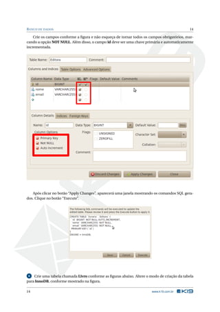 BANCO DE DADOS 14
Crie os campos conforme a ﬁgura e não esqueça de tornar todos os campos obrigatórios, mar-
cando a opção NOT NULL. Além disso, o campo id deve ser uma chave primária e automaticamente
incrementada.
Após clicar no botão “Apply Changes”, aparecerá uma janela mostrando os comandos SQL gera-
dos. Clique no botão “Execute”.
6 Crie uma tabela chamada Livro conforme as ﬁguras abaixo. Altere o modo de criação da tabela
para InnoDB, conforme mostrado na ﬁgura.
14 www.k19.com.br
 