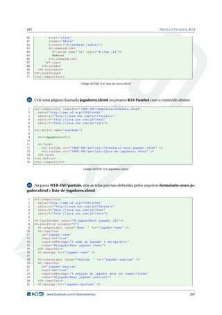267 PROJETO FUTEBOL K19
60 event="click"
61 render="@form"
62 listener="#{ timeBean.remove}">
63 <h:commandLink >
64 <f:param name="id" value="#{time.id}"/>
65 Remover
66 </h:commandLink >
67 </f:ajax>
68 </h:column >
69 </h:dataTable >
70 </h:panelGroup >
71 </ui:composition >
Código XHTML D.4: lista-de-times.xhtml
23 Crie uma página chamada jogadores.xhtml no projeto K19-Futebol com o conteúdo abaixo.
1 <ui:composition template="/WEB -INF/templates/template.xhtml"
2 xmlns="http ://www.w3.org /1999/ xhtml"
3 xmlns:ui="http :// java.sun.com/jsf/facelets"
4 xmlns:h="http :// java.sun.com/jsf/html"
5 xmlns:f="http :// java.sun.com/jsf/core">
6
7 <ui:define name="conteudo">
8
9 <h1>Jogadores </h1>
10
11 <h:form>
12 <ui:include src="/WEB -INF/partials/formulario -novo -jogador.xhtml" />
13 <ui:include src="/WEB -INF/partials/lista -de-jogadores.xhtml" />
14 </h:form>
15 </ui:define >
16 </ui:composition >
Código XHTML D.5: jogadores.xhtml
24 Na pasta WEB-INF/partials, crie as telas parciais deﬁnidas pelos arquivos formulario-novo-jo-
gador.xhtml e lista-de-jogadores.xhtml.
1 <ui:composition
2 xmlns="http ://www.w3.org /1999/ xhtml"
3 xmlns:ui="http :// java.sun.com/jsf/facelets"
4 xmlns:h="http :// java.sun.com/jsf/html"
5 xmlns:f="http :// java.sun.com/jsf/core">
6
7 <h:inputHidden value="#{ jogadorBean.jogador.id}"/>
8 <h:panelGrid columns="3">
9 <h:outputLabel value="Nome: " for="jogador -nome" />
10 <h:inputText
11 id="jogador -nome"
12 required="true"
13 requiredMessage="O nome do jogador é obrigatório"
14 value="#{ jogadorBean.jogador.nome}">
15 </h:inputText >
16 <h:message for="jogador -nome" />
17
18 <h:outputLabel value="Posição: " for="jogador -posicao" />
19 <h:inputText
20 id="jogador -posicao"
21 required="true"
22 requiredMessage="A posição do jogador deve ser especificada"
23 value="#{ jogadorBean.jogador.posicao}">
24 </h:inputText >
25 <h:message for="jogador -posicao" />
www.facebook.com/k19treinamentos 267
 