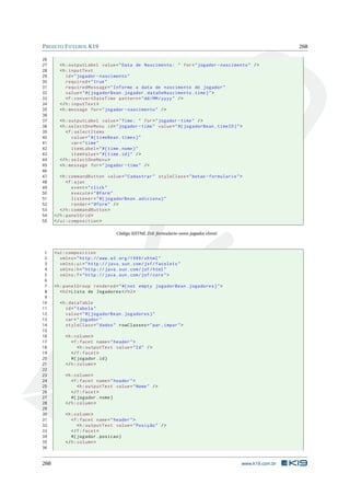 PROJETO FUTEBOL K19 268
26
27 <h:outputLabel value="Data de Nascimento: " for="jogador -nascimento" />
28 <h:inputText
29 id="jogador -nascimento"
30 required="true"
31 requiredMessage="Informe a data de nascimento do jogador"
32 value="#{ jogadorBean.jogador.dataDeNascimento.time}">
33 <f:convertDateTime pattern="dd/MM/yyyy" />
34 </h:inputText >
35 <h:message for="jogador -nascimento" />
36
37 <h:outputLabel value="Time: " for="jogador -time" />
38 <h:selectOneMenu id="jogador -time" value="#{ jogadorBean.timeID}">
39 <f:selectItems
40 value="#{ timeBean.times}"
41 var="time"
42 itemLabel="#{time.nome}"
43 itemValue="#{time.id}" />
44 </h:selectOneMenu >
45 <h:message for="jogador -time" />
46
47 <h:commandButton value="Cadastrar" styleClass="botao -formulario">
48 <f:ajax
49 event="click"
50 execute="@form"
51 listener="#{ jogadorBean.adiciona}"
52 render="@form" />
53 </h:commandButton >
54 </h:panelGrid >
55 </ui:composition >
Código XHTML D.6: formulario-novo-jogador.xhtml
1 <ui:composition
2 xmlns="http ://www.w3.org /1999/ xhtml"
3 xmlns:ui="http :// java.sun.com/jsf/facelets"
4 xmlns:h="http :// java.sun.com/jsf/html"
5 xmlns:f="http :// java.sun.com/jsf/core">
6
7 <h:panelGroup rendered="#{not empty jogadorBean.jogadores}">
8 <h2>Lista de Jogadores </h2>
9
10 <h:dataTable
11 id="tabela"
12 value="#{ jogadorBean.jogadores}"
13 var="jogador"
14 styleClass="dados" rowClasses="par ,impar">
15
16 <h:column >
17 <f:facet name="header">
18 <h:outputText value="Id" />
19 </f:facet>
20 #{ jogador.id}
21 </h:column >
22
23 <h:column >
24 <f:facet name="header">
25 <h:outputText value="Nome" />
26 </f:facet>
27 #{ jogador.nome}
28 </h:column >
29
30 <h:column >
31 <f:facet name="header">
32 <h:outputText value="Posição" />
33 </f:facet>
34 #{ jogador.posicao}
35 </h:column >
36
268 www.k19.com.br
 
