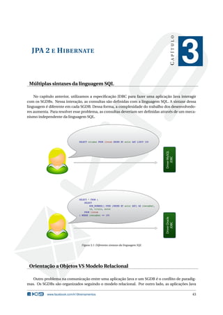 JPA 2 E HIBERNATE
CAPÍTULO
3
Múltiplas sintaxes da linguagem SQL
No capítulo anterior, utilizamos a especiﬁcação JDBC para fazer uma aplicação Java interagir
com os SGDBs. Nessa interação, as consultas são deﬁnidas com a linguagem SQL. A sintaxe dessa
linguagem é diferente em cada SGDB. Dessa forma, a complexidade do trabalho dos desenvolvedo-
res aumenta. Para resolver esse problema, as consultas deveriam ser deﬁnidas através de um meca-
nismo independente da linguagem SQL.
DriverOracle
JDBC
SELECT * FROM (
SELECT
ROW_NUMBER() OVER (ORDER BY autor ASC) AS rownumber,
id, titulo, autor
FROM livros
) WHERE rownumber <= 100
DriverMySQL
JDBC
SELECT columns FROM livros ORDER BY autor ASC LIMIT 100
Figura 3.1: Diferentes sintaxes da linguagem SQL
Orientação a Objetos VS Modelo Relacional
Outro problema na comunicação entre uma aplicação Java e um SGDB é o conﬂito de paradig-
mas. Os SGDBs são organizados seguindo o modelo relacional. Por outro lado, as aplicações Java
www.facebook.com/k19treinamentos 43
 