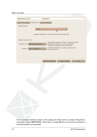 Banco de dados
Crie os campos conforme a ﬁgura e não esqueça de tornar todos os campos obrigatórios,
marcando a opção NOT NULL. Além disso o campo id deve ser uma chave primária e
automaticamente incrementada.
15 K19 Treinamentos
 