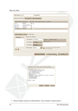 Banco de dados
7. Adicione alguns registros na tabela Editora. Veja exemplos na ﬁgura abaixo:
19 K19 Treinamentos
 