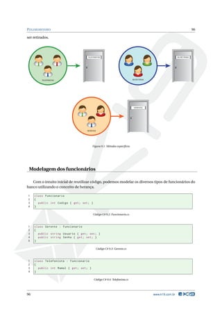 P OLIMORFISMO                                                                                                           96

ser retirados.




                                     TELEFONISTAS                                                         SECRETÁRIAS




         TELEFONISTAS                                                      SECRETÁRIAS




                                                                            GERENTES




                                    GERENTES




                                          Figura 9.1: Métodos especíﬁcos




 Modelagem dos funcionários

   Com o intuito inicial de reutilizar código, podemos modelar os diversos tipos de funcionários do
banco utilizando o conceito de herança.

1    class Funcionario
2    {
3      public int Codigo { get ; set ; }
4    }

                                          Código C# 9.2: Funcionario.cs



1    class Gerente : Funcionario
2    {
3      public string Usuario { get ; set ; }
4      public string Senha { get ; set ; }
5    }

                                            Código C# 9.3: Gerente.cs



1    class Telefonista : Funcionario
2    {
3      public int Ramal { get ; set ; }
4    }

                                           Código C# 9.4: Telefonista.cs




96                                                                                       www.k19.com.br
 