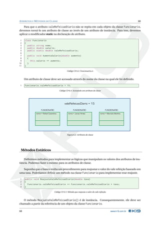 ATRIBUTOS E M ÉTODOS DE C LASSE                                                                                     68

    Para que o atributo valeRefeicaoDiario não se repita em cada objeto da classe Funcionario,
devemos torná-lo um atributo de classe ao invés de um atributo de instância. Para isso, devemos
aplicar o modiﬁcador static na declaração do atributo.

 1   class Funcionario
 2   {
 3     public string nome ;
 4     public double salario ;
 5     public static double valeRefeicaoDiario ;
 6
 7       public void AumentaSalario ( double aumento )
 8       {
 9         this . salario += aumento ;
10       }
11   }

                                                  Código C# 6.3: Funcionario.cs



     Um atributo de classe deve ser acessado através do nome da classe na qual ele foi deﬁnido.

1    Funcionario . valeRefeicaoDiario = 15;

                                          Código C# 6.4: Acessando um atributo de classe




                                               valeRefeicaoDiario = 15

                     FUNCIONARIO                         FUNCIONARIO                          FUNCIONARIO
                nome = Rafael Cosentino            nome = Jonas Hirata                  nome = Marcelo Martins




                                                  Figura 6.2: Atributos de classe




 Métodos Estáticos

   Deﬁnimos métodos para implementar as lógicas que manipulam os valores dos atributos de ins-
tância. Podemos fazer o mesmo para os atributos de classe.

  Suponha que o banco tenha um procedimento para reajustar o valor do vale refeição baseado em
uma taxa. Poderíamos deﬁnir um método na classe Funcionario para implementar esse reajuste.

1    public void ReajustaValeRefeicaoDiario ( double taxa )
2    {
3      Funcionario . valeRefeicaoDiario += Funcionario . valeRefeicaoDiario * taxa ;
4    }

                                    Código C# 6.5: Método que reajusta o valor do vale refeição



   O método ReajustaValeRefeicaoDiario() é de instância. Consequentemente, ele deve ser
chamado a partir da referência de um objeto da classe Funcionario.

68                                                                                                 www.k19.com.br
 