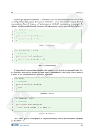 89                                                                                           H ERANÇA



    Suponha que o preço de um serviço é a soma de um valor ﬁxo mais um valor que depende do tipo
do serviço. Por exemplo, o preço do serviço de empréstimo é 5 reais mais uma porcentagem do valor
emprestado ao cliente. O preço do serviço de seguro de veículo é 5 reais mais uma porcentagem do
valor do veículo segurado. Em cada classe especíﬁca, podemos reescrever o método CalculaTaxa().

1    class Emprestimo : Servico
2    {
3      // propriedades
4
5        public override double CalculaTaxa ()
6        {
7          return 5 + this . Valor * 0.1;
8        }
9    }

                                           Código C# 8.15: Emprestimo.cs



1    class SeguraDeVeiculo : Servico
2    {
3      // propriedades
4
5        public override double CalculaTaxa ()
6        {
7          return 5 + this . Veiculo . Valor * 0.05;
8        }
9    }

                                         Código C# 8.16: SeguraDeVeiculo.cs



    Se o valor ﬁxo dos serviços for atualizado, todas as classes especíﬁcas devem ser modiﬁcadas. Ou-
tra alternativa seria criar um método na classe Servico para calcular o valor ﬁxo de todos os serviços
e chamá-lo dos métodos reescritos nas classes especíﬁcas.

1    class Servico
2    {
3      // propriedades
4
5        public virtual double CalculaTaxa ()
6        {
7          return 5 ;
8        }
9    }

                                             Código C# 8.17: Servico.cs



1    class Emprestimo : Servico
2    {
3      // propriedades
4
5        public override double CalculaTaxa ()
6        {
7          return base . CalculaTaxa () + this . Valor * 0.1;
8          }
9    }

                                           Código C# 8.18: Emprestimo.cs



    Dessa forma, quando o valor padrão do preço dos serviços é alterado, basta modiﬁcar o método
na classe Servico.

              www.k19.com.br                                                                       89
 