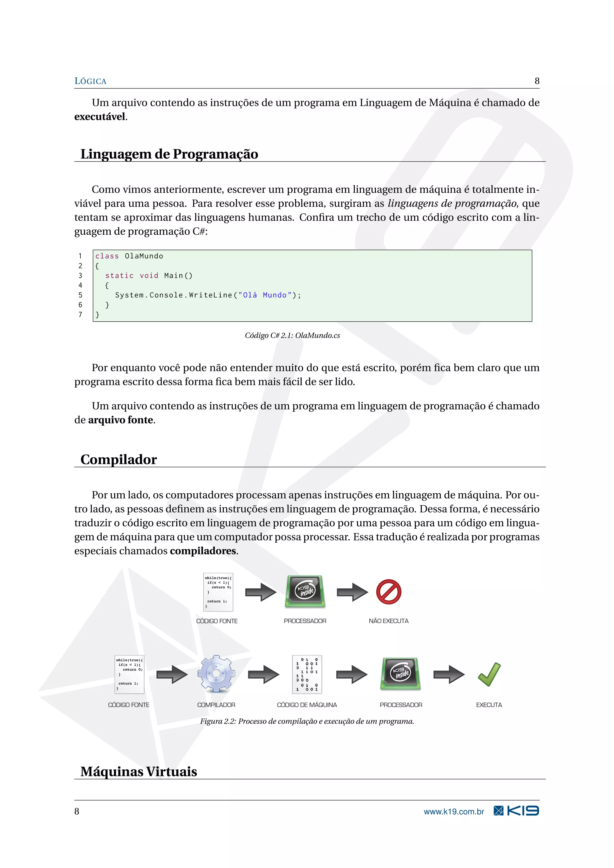 LÓGICA 8
Um arquivo contendo as instruções de um programa em Linguagem de Máquina é chamado de
executável.
Linguagem de Programação
Como vimos anteriormente, escrever um programa em linguagem de máquina é totalmente in-
viável para uma pessoa. Para resolver esse problema, surgiram as linguagens de programação, que
tentam se aproximar das linguagens humanas. Conﬁra um trecho de um código escrito com a lin-
guagem de programação C#:
1 class OlaMundo
2 {
3 static void Main()
4 {
5 System.Console.WriteLine("Olá Mundo");
6 }
7 }
Código C# 2.1: OlaMundo.cs
Por enquanto você pode não entender muito do que está escrito, porém ﬁca bem claro que um
programa escrito dessa forma ﬁca bem mais fácil de ser lido.
Um arquivo contendo as instruções de um programa em linguagem de programação é chamado
de arquivo fonte.
Compilador
Por um lado, os computadores processam apenas instruções em linguagem de máquina. Por ou-
tro lado, as pessoas deﬁnem as instruções em linguagem de programação. Dessa forma, é necessário
traduzir o código escrito em linguagem de programação por uma pessoa para um código em lingua-
gem de máquina para que um computador possa processar. Essa tradução é realizada por programas
especiais chamados compiladores.
while(true){
if(x < 1){
return 0;
}
return 1;
}
while(true){
if(x < 1){
return 0;
}
return 1;
}
PROCESSADORCÓDIGO FONTE NÃO EXECUTA
CÓDIGO FONTE COMPILADOR CÓDIGO DE MÁQUINA PROCESSADOR EXECUTA
Figura 2.2: Processo de compilação e execução de um programa.
Máquinas Virtuais
8 www.k19.com.br
 